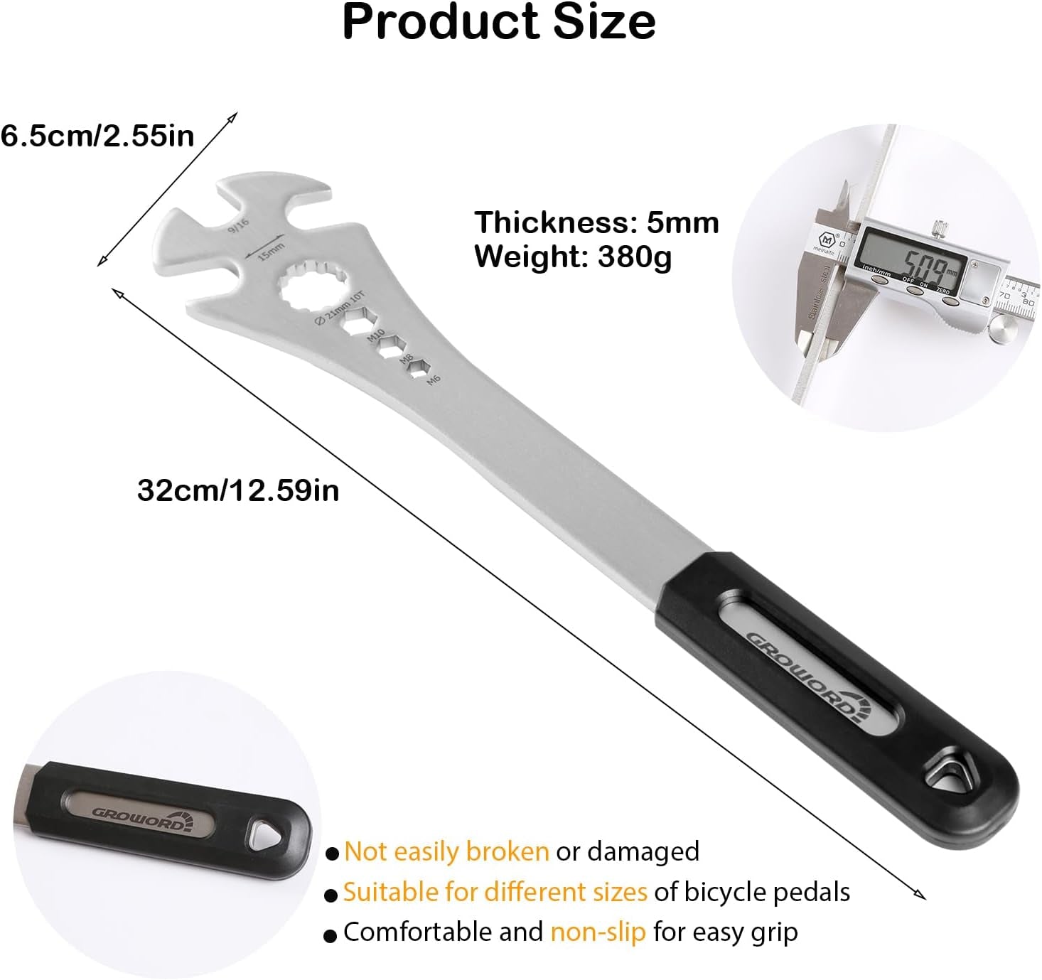 4 in 1 Bicycle Bike Pedal Wrench Bicycle Pedal Removal Tool with 320Mm Extra Long Handle Multifunctional 15Mm 9/16In MTB Pedal Removal Wrench and 6-8-10Mm Hexagon Hole for Biking Maintenance & Repair