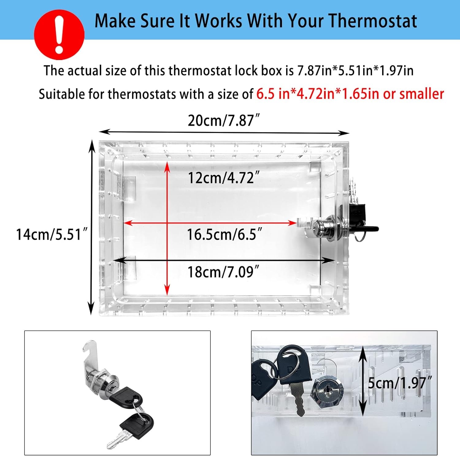 Universal Thermostat Lock Box with Key,Clear Large Thermostat Guard for Thermostat on Wall,Thermostat Guard,Thermostat Cover Fits Thermostats 6.5" H X 4.72" W X 1.97" D or Smaller (1 Set)