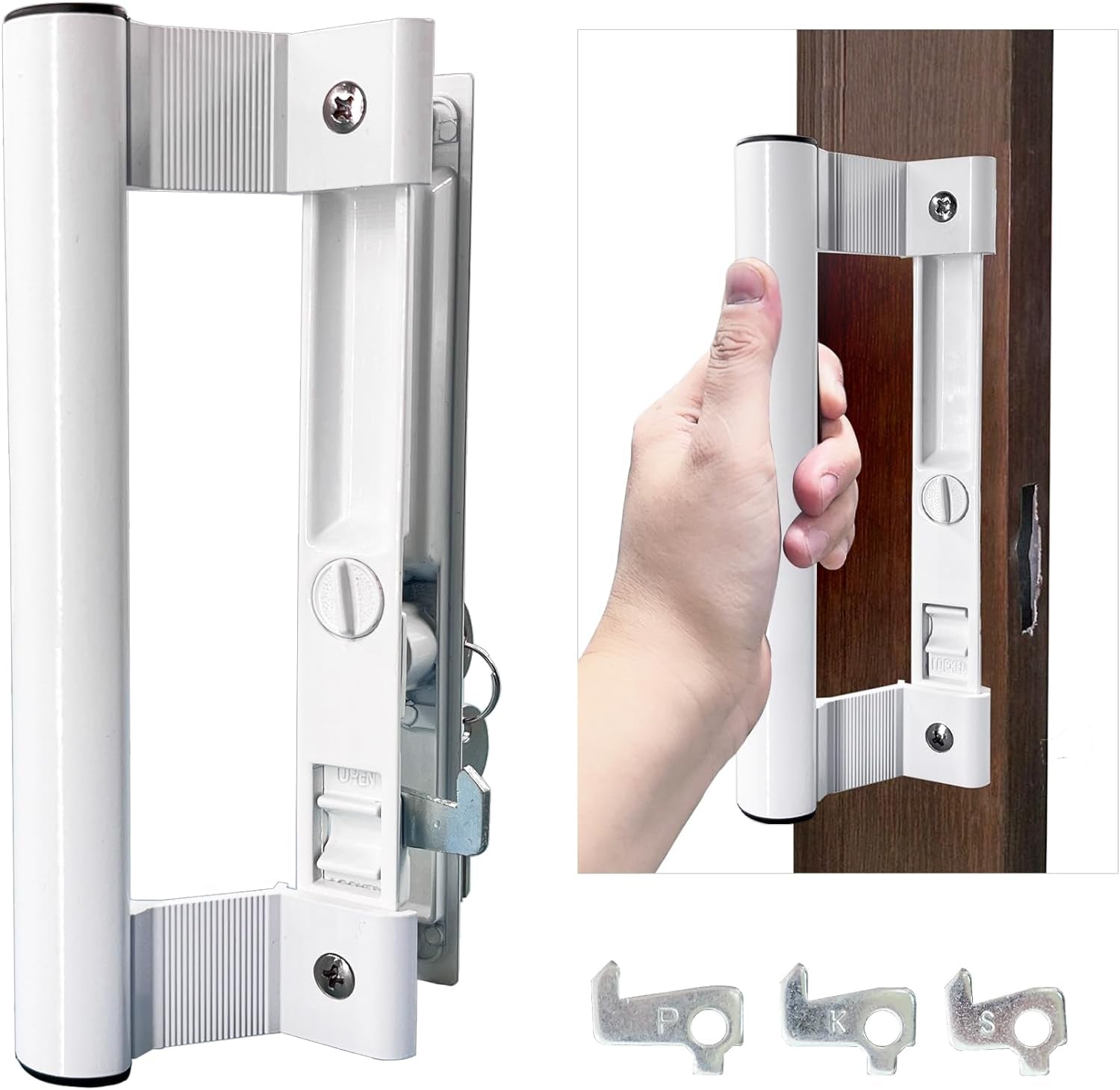 Sliding Glass Door Handle Set with Lock - Easy to Install,Patio Sliding Door Handle Fits for 1 to 1-1/8 Door Thickness,6-5/8" Screw Hole Spacing,Perfectly Replacement for Old Handle(White)