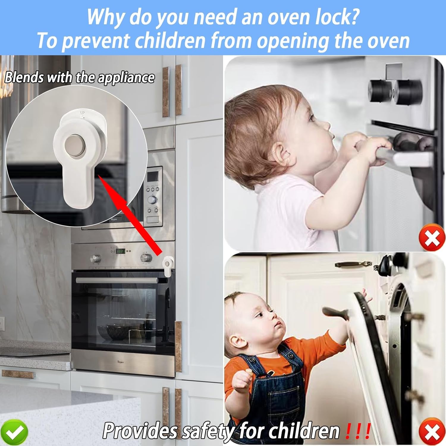 2Pcs Childproof Oven Door Lock, Oven Front Lock Easy to Install and Use Durable and Heat-Resistant Material No Tools Need or Drill (White)