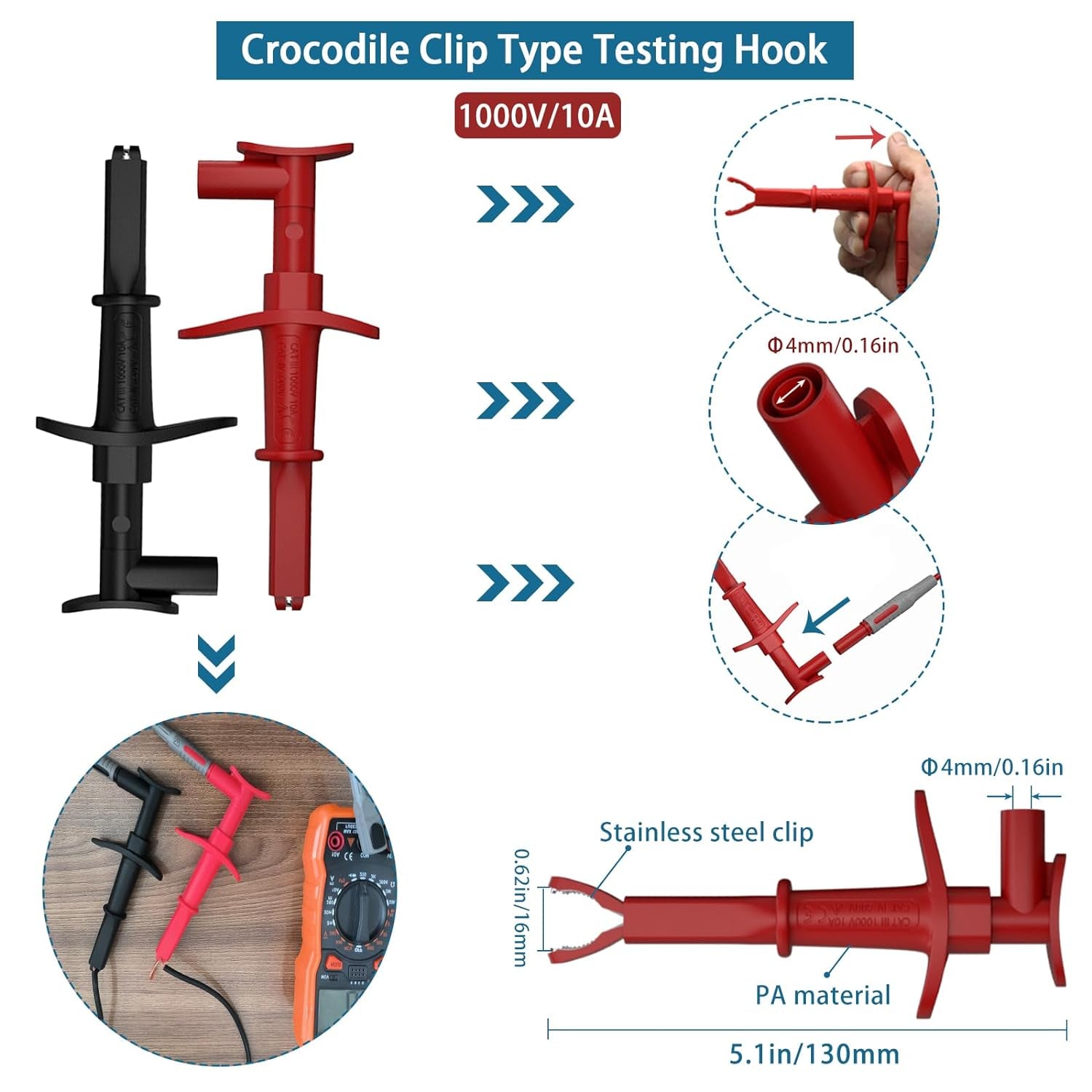 15 Pcs Multimeter Test Leads Kit with Alligator Clips,Test Hook,Test Probe,Tweezer CAT III 1000V & CAT IV 600V 10A for Professional Electrical Testing for Fluke/Astroai/Innova Multimeter,Clamp Meter