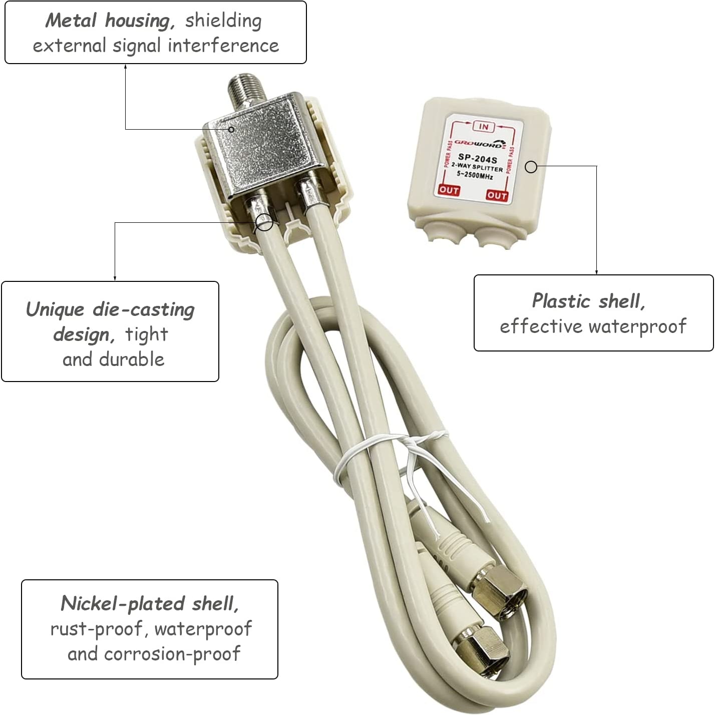 Satellite Splitter 5-2500Mhz, 2-Way CATV Splitter with RG6 Coaxial Cable and 2 Connectors, for Pass Power to LNB, Improve HD TV Satellite Antenna Signal Quality, Corrosion Resistant