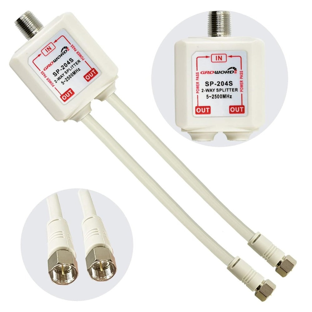 2-Way Coaxial Cable Splitter, 5-2500Mhz CATV Splitter with 6” RG6 Coaxial Cable and 2 Coax Connectors, for Pass Power to LNB, Improve TV Satellite Antenna Signal Quality, Corrosion Resistant