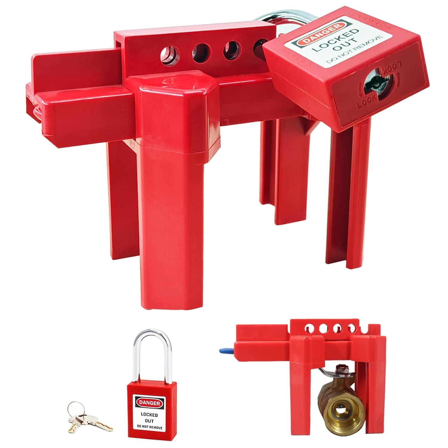 Ball Valve Lockout, Adjustable Ball Valve Lockout Device, Small, for 1/2"-2-1/2" outside Pipe Diameter, Red, Outdoor Water Spigot Lock Industrial Faucet Handle Locks Pipeline Valve Locking Device