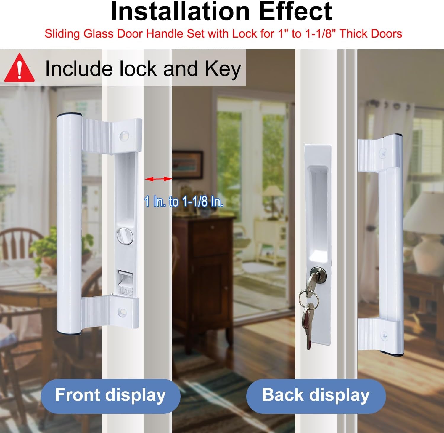 Sliding Glass Door Handle Set with Lock - Easy to Install,Patio Sliding Door Handle Fits for 1 to 1-1/8 Door Thickness,6-5/8" Screw Hole Spacing,Perfectly Replacement for Old Handle(White)