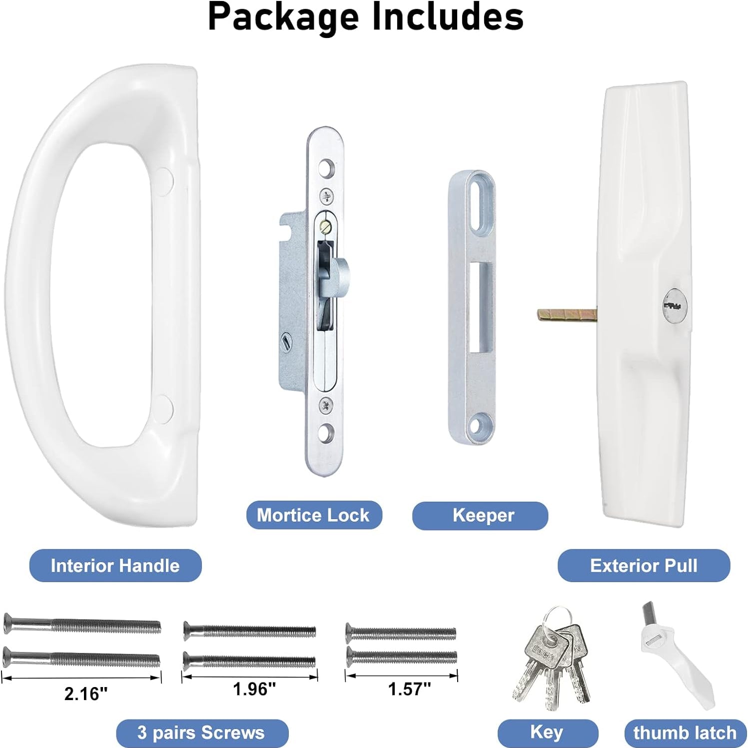 Patio Sliding Door Handle Set with Mortise Lock, Perfect Replacement Sliding Door Handle with Key Lock Fits Patio Doors Thickness 1-1/2" to 1-3/4", 3-15/16" Screw Hole Spacing, Reversible Design