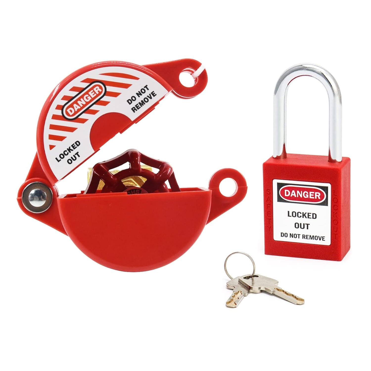 Gate Valve Lockout and Safety Padlock, 1Set, Hose Bib Lock for Outdoor Faucet Knob/Water Spigot/Propane Tank, 1 to 2-1/2 in Dia Valve Handles, Plastic Red Secure Lock Device for outside Garden Valve