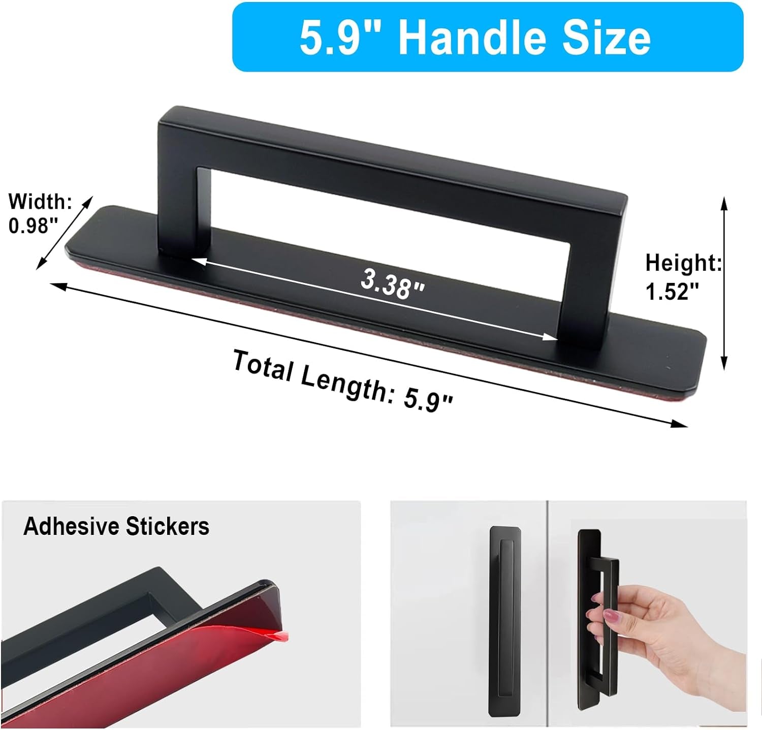 Self-Stick Adhesive Cabinet Handles - 6" Stainless Steel No-Drilling Easy Installation Handles for Cabinet Door Window Drawer & Refrigerator Microwave| Square Black 2Pack