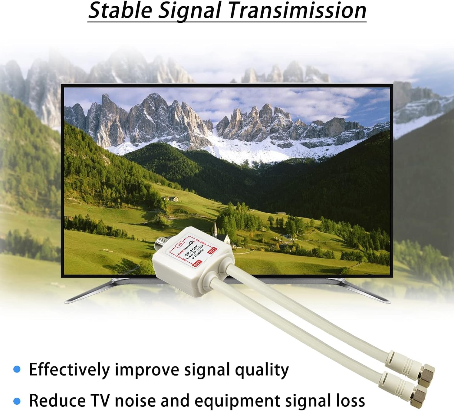 2-Way Coaxial Cable Splitter, 5-2500Mhz CATV Splitter with 6” RG6 Coaxial Cable and 2 Coax Connectors, for Pass Power to LNB, Improve TV Satellite Antenna Signal Quality, Corrosion Resistant