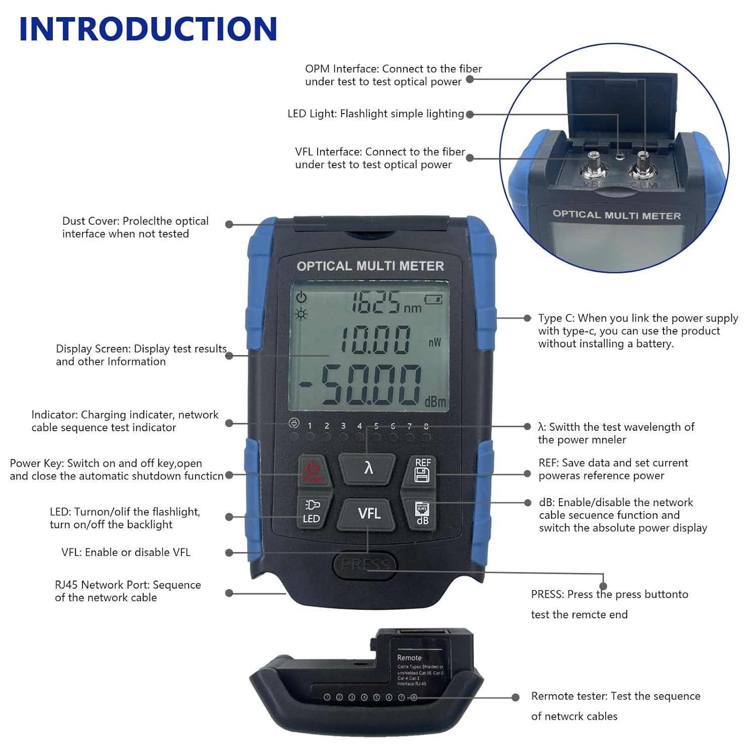 5-In-1 Fiber Tester - Fiber Optic Cable Tester, Portable Optical Power Meter with Fiber Optic Light, Optic Fiber Power Meter FC/SC/ST Universal Interface