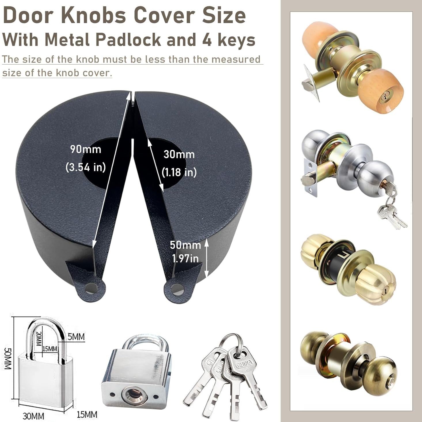 Door Knob Lock Out Device with Padlock, Door Handle Lock - Prevents Turning Door Handles and Entering Keyholes, for Covering Door Handles/Faucets/Valves, Stainless Steel (Black)