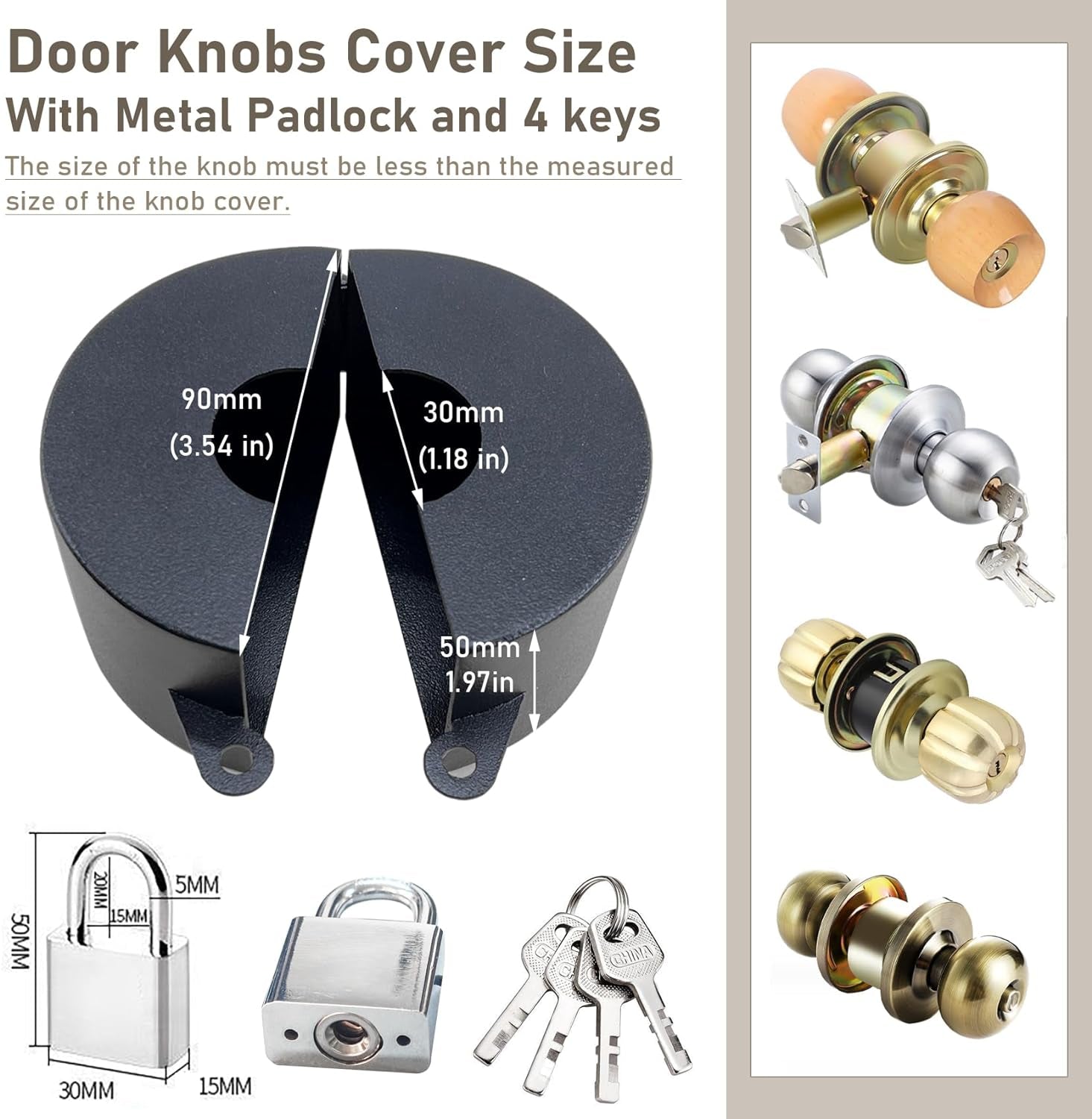 Door Knob Lock Out Device with Padlock, Door Handle Lock - Prevents Turning Door Handles and Entering Keyholes, for Covering Door Handles/Faucets/Valves, Stainless Steel (Black)