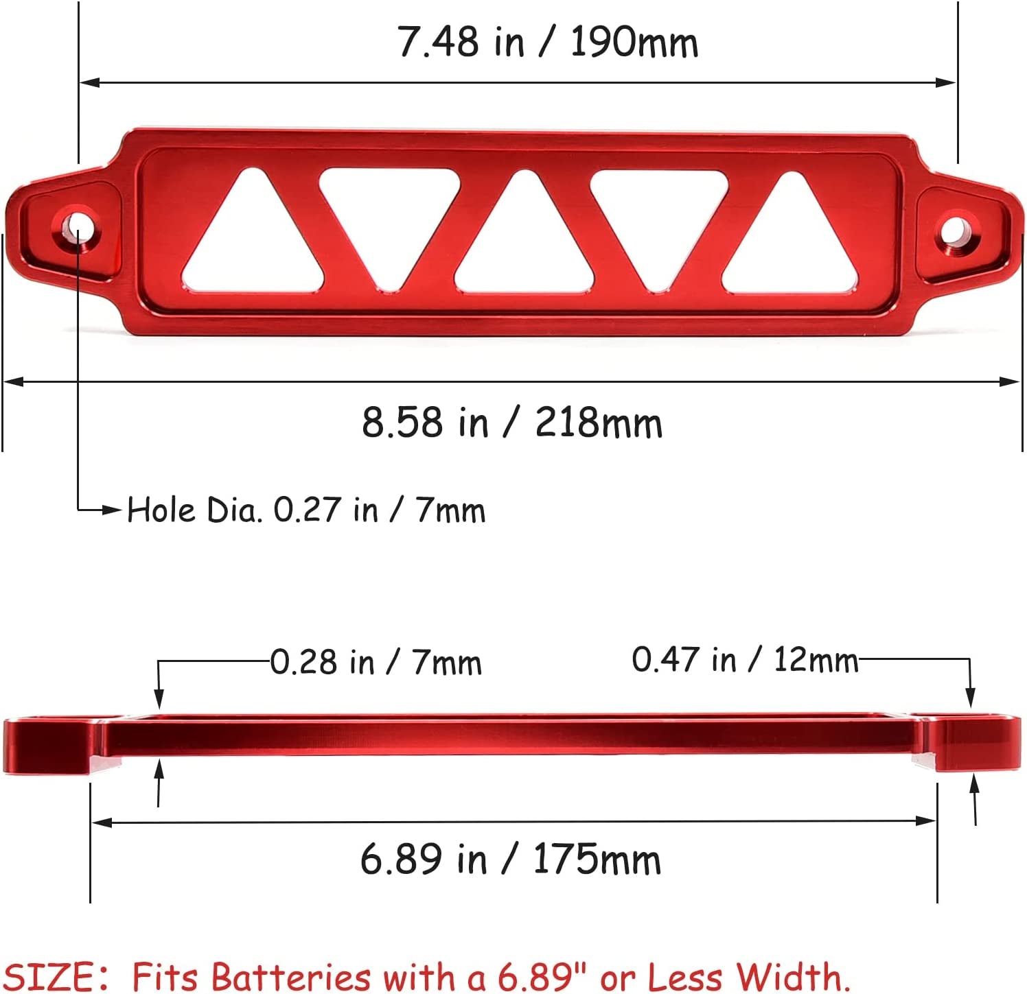 Battery Hold down Bracket, Aluminum Alloy Battery Tie down Bracket, Battery Tray for Car Battery Mount Bracket Hold Lock Accessories, Car Battery Lock Down- with 10In J Bolts (Red)