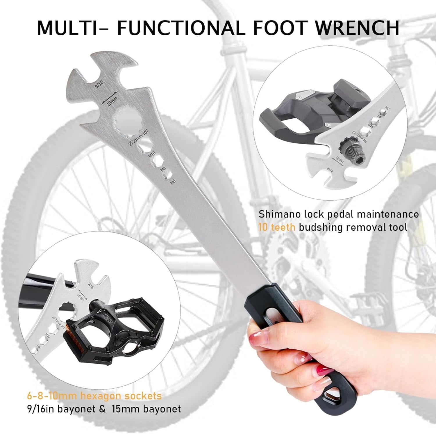 4 in 1 Bicycle Bike Pedal Wrench Bicycle Pedal Removal Tool with 320Mm Extra Long Handle Multifunctional 15Mm 9/16In MTB Pedal Removal Wrench and 6-8-10Mm Hexagon Hole for Biking Maintenance & Repair