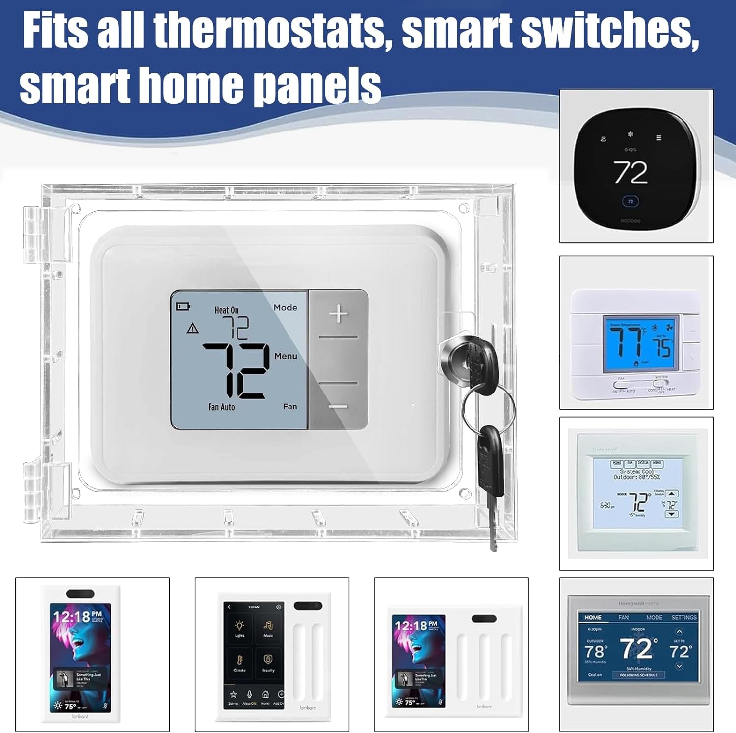 Large Thermostat Lock Box Cover with Key, Clear Thermostat Cover Box with Lock Fits All Honeywell Thermostat on Wall, AC Lock Box Cover with Key Fits Thermostats 6.7" H X 5.12" W or Smaller