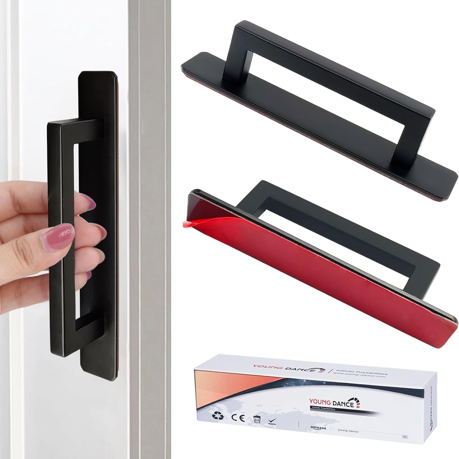 Self-Stick Adhesive Cabinet Handles - 6" Stainless Steel No-Drilling Easy Installation Handles for Cabinet Door Window Drawer & Refrigerator Microwave| Square Black 2Pack