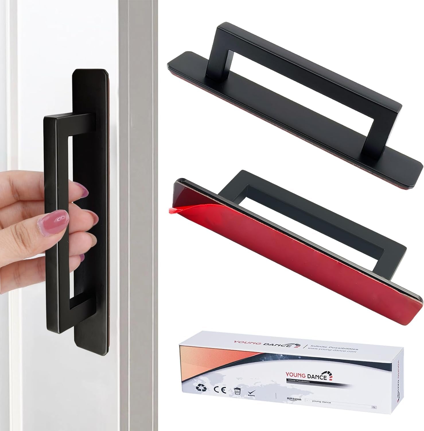 Self-Stick Adhesive Cabinet Handles - 6" Stainless Steel No-Drilling Easy Installation Handles for Cabinet Door Window Drawer & Refrigerator Microwave| Square Black 2Pack