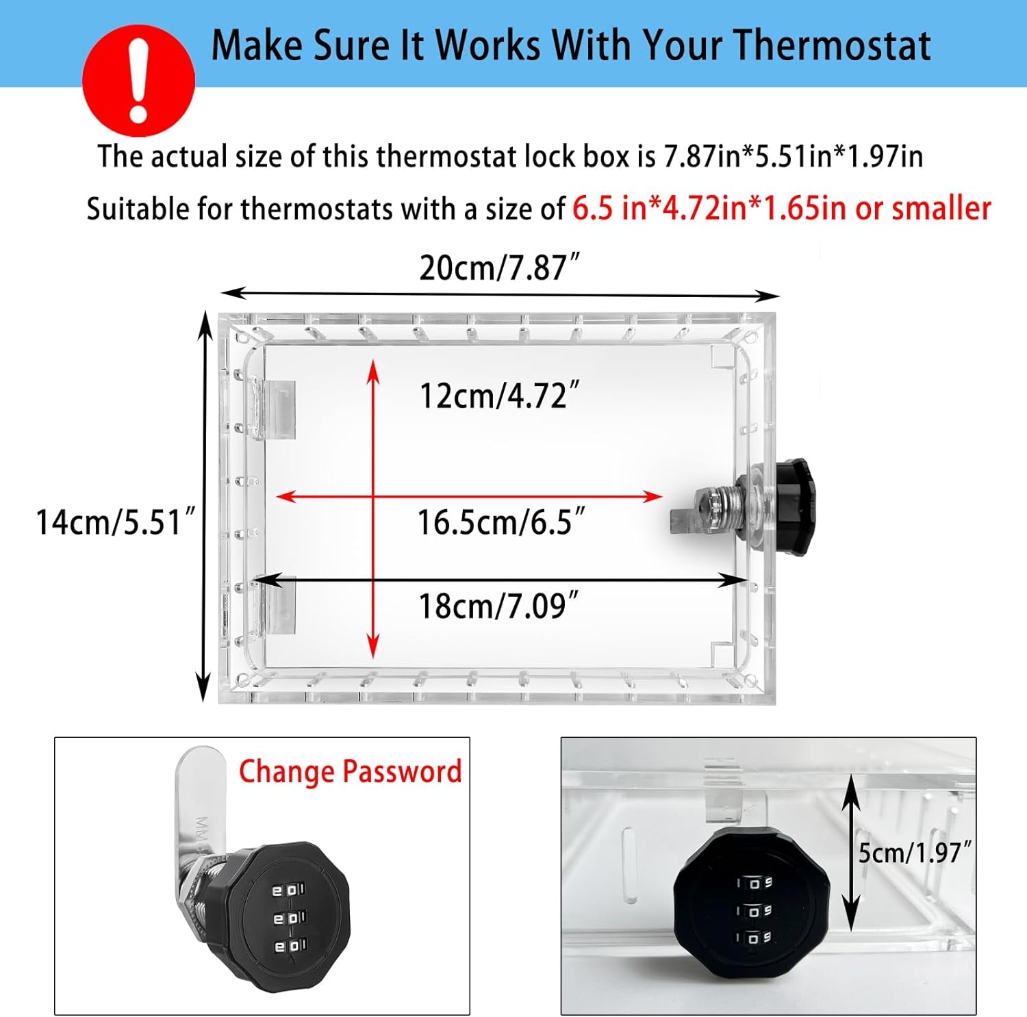 Universal Thermostat Combination Lock Box, Clear Large Thermostat Guard for Wall Thermostats, Thermostat Cover Fits Thermostats 6.5 "H X 4.72 "W X 1.97 "D or Smaller (1 Set)