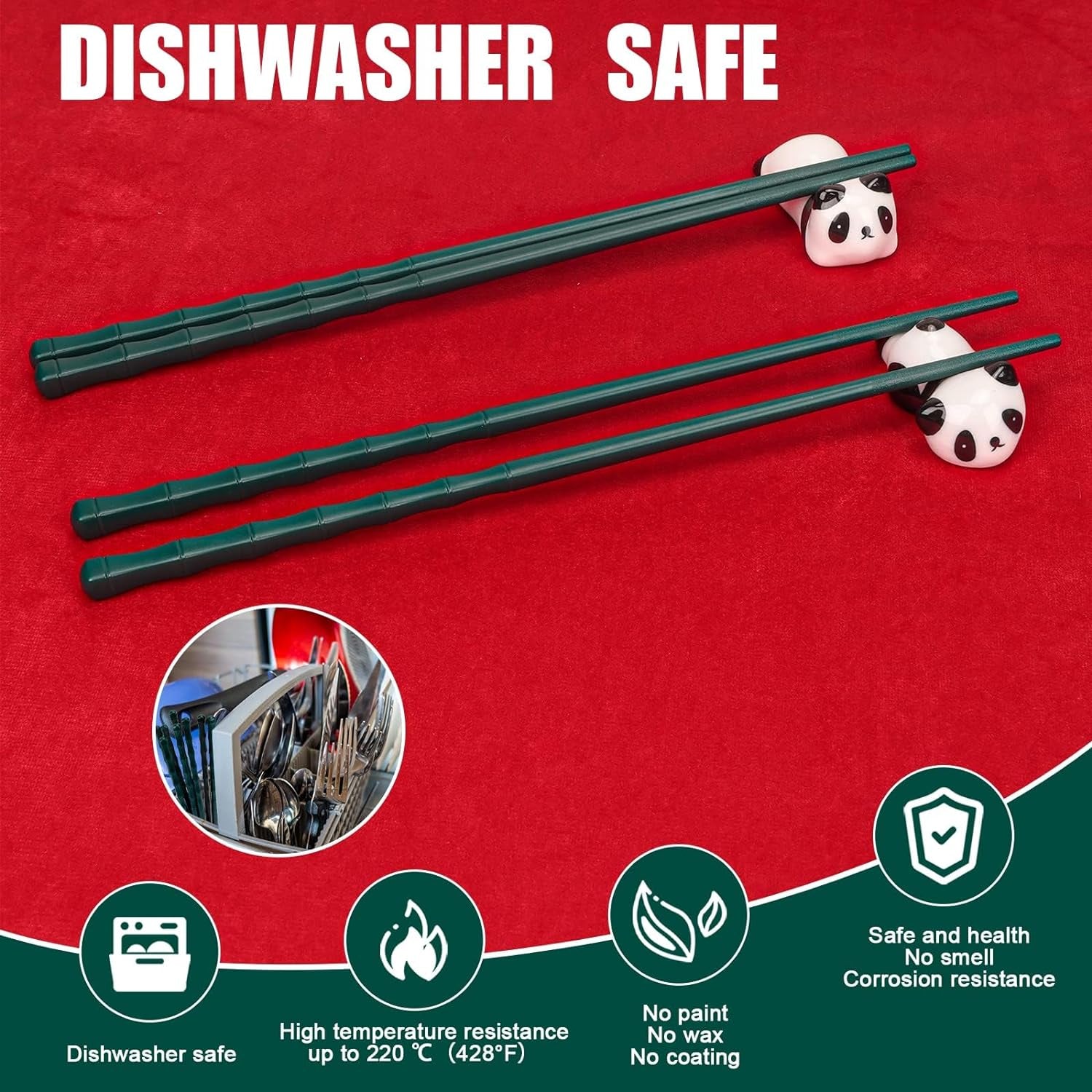 Non-Slip Chopsticks and Chopstick Rest Gift Set, 2 Pairs Reusable Panda Chopsticks with Red Gift Case, Dishwasher Safe Chopsticks with Cute Panda Holders for Thanksgiving Day, Christmas(Green）