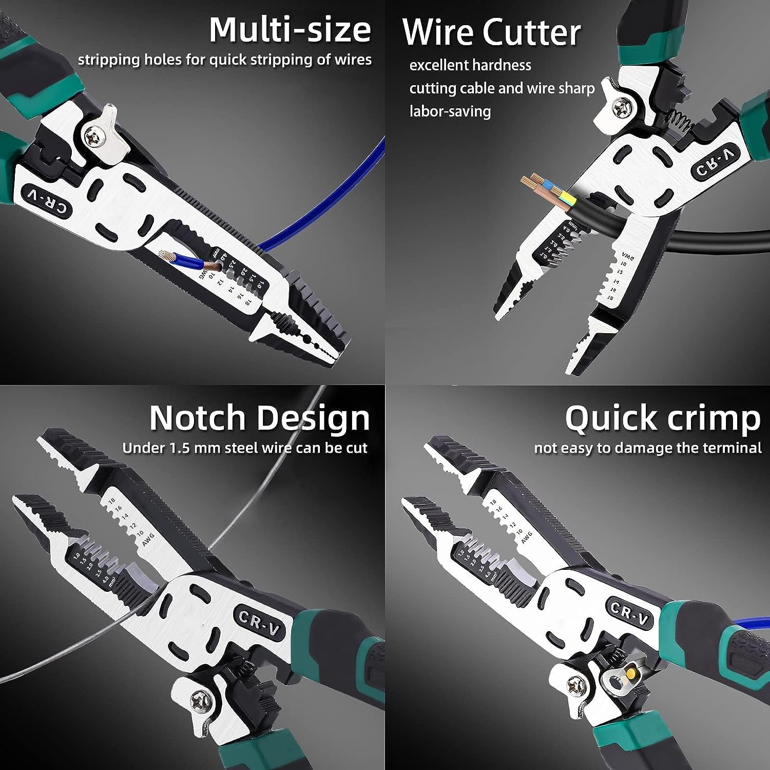 10-In-1 Wire Stripper Tool,Wire Strippers,Cable Cutters,Cr-V Multifunctional Plier with Wire Stripper Crimper Side Cutter, Shearing,Screw Gripping Pliers for Electric Cable