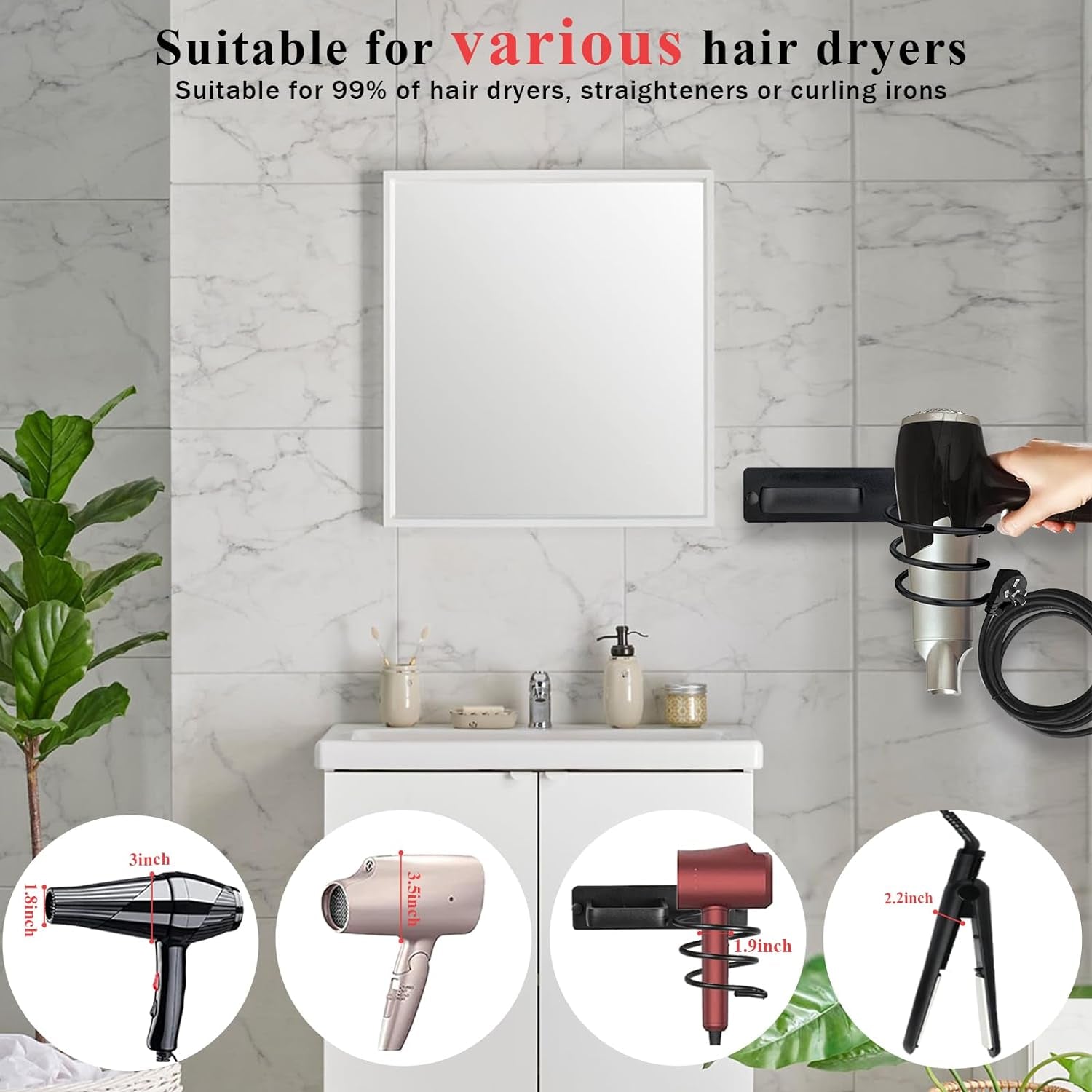 Hair Dryer Holder - Hair Tool Organizer Wall Mount, Aluminum Blow Dryer Holder with Self Adhesive and Drilling Install Options, Flat Iron/Curling Iron/Straightener Holder for Bathroom