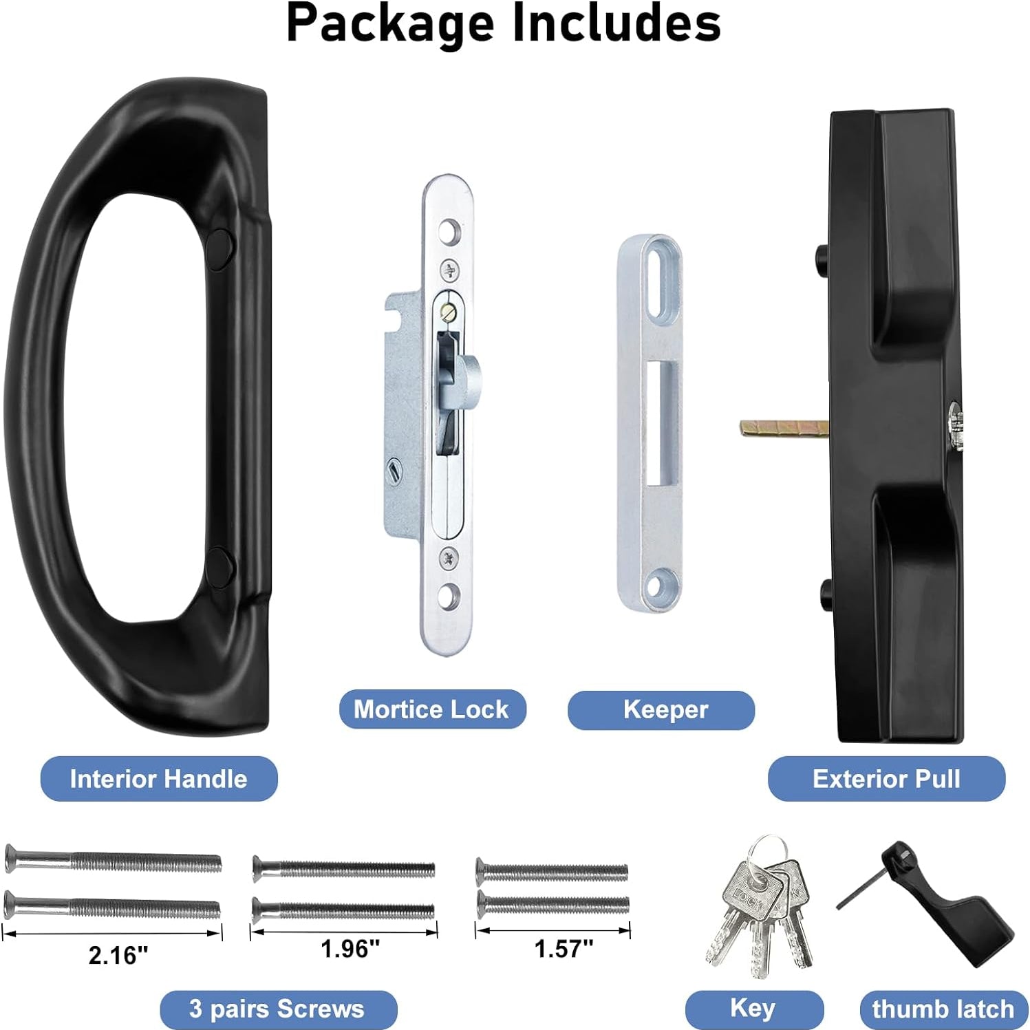 Patio Sliding Door Handle Set with Mortise Lock, Perfect Replacement Sliding Door Handle with Key Lock Fits Patio Doors Thickness 1-1/2" to 1-3/4", 3-15/16" Hole Spacing, Reversible Design（Black)