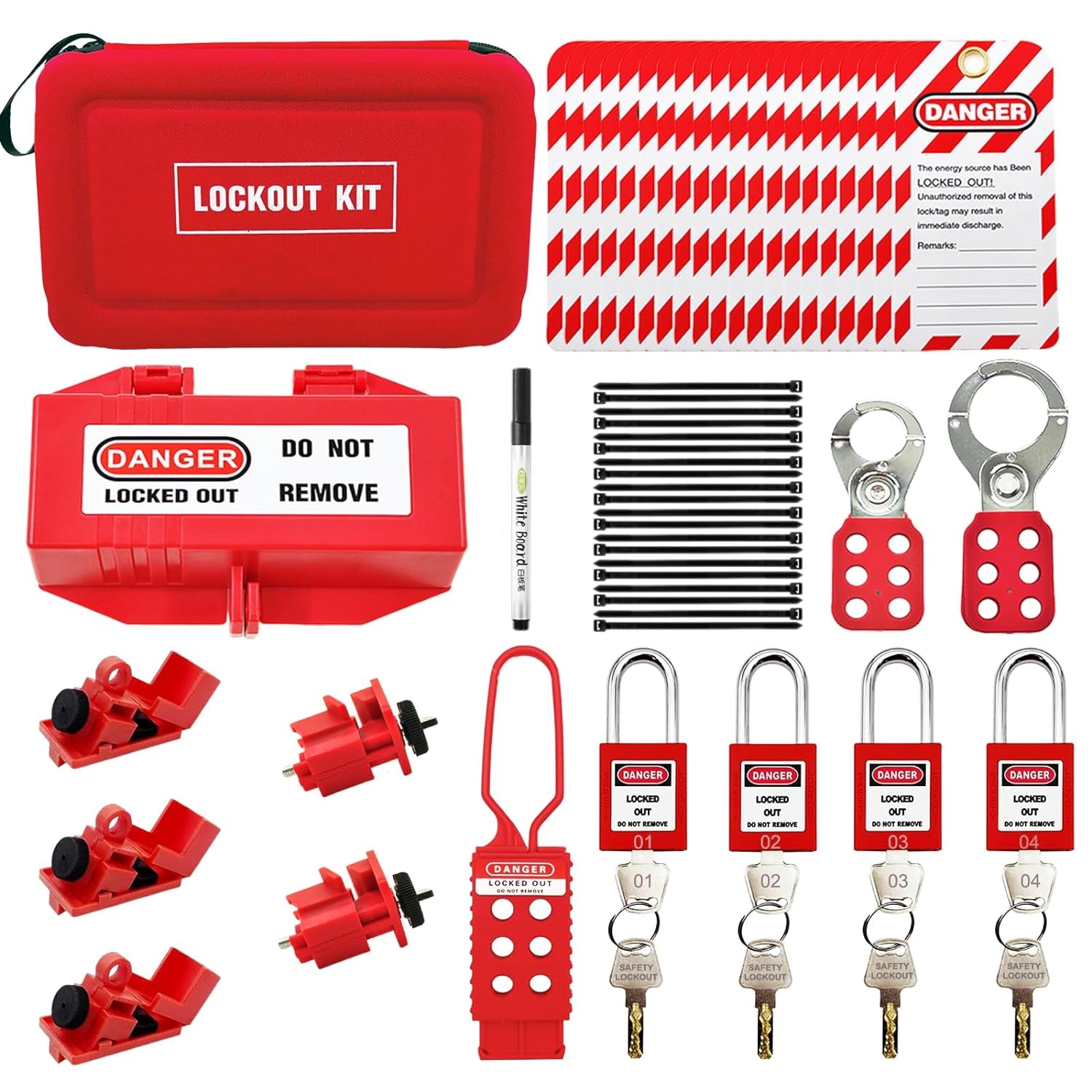 35 Pcs Electrical Lockout Tagout Kit - Plug Lockout, Hasps Clamp and Universal Circuit Breaker Lock, 4 Loto Safety Padlock with Number(2 Keys per Lock), Red Bag, Lockout Tags, Nylon Ties