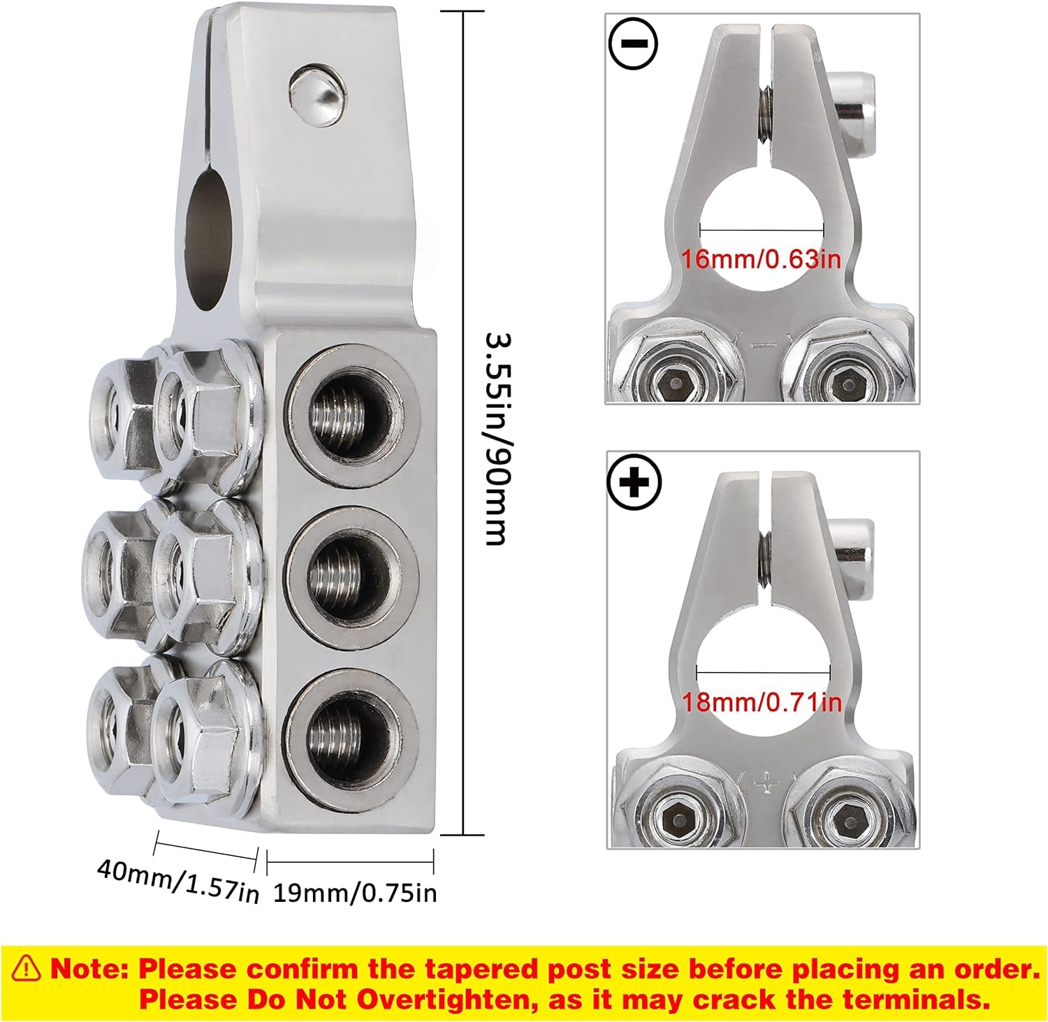 Battery Terminal Connector,12-Way Clamps 8AWG up to 4/0(XL) AWG Gauge, Positive and Negative (+/-)(Pair) for SAE/DIN/EN Tapered Top Post