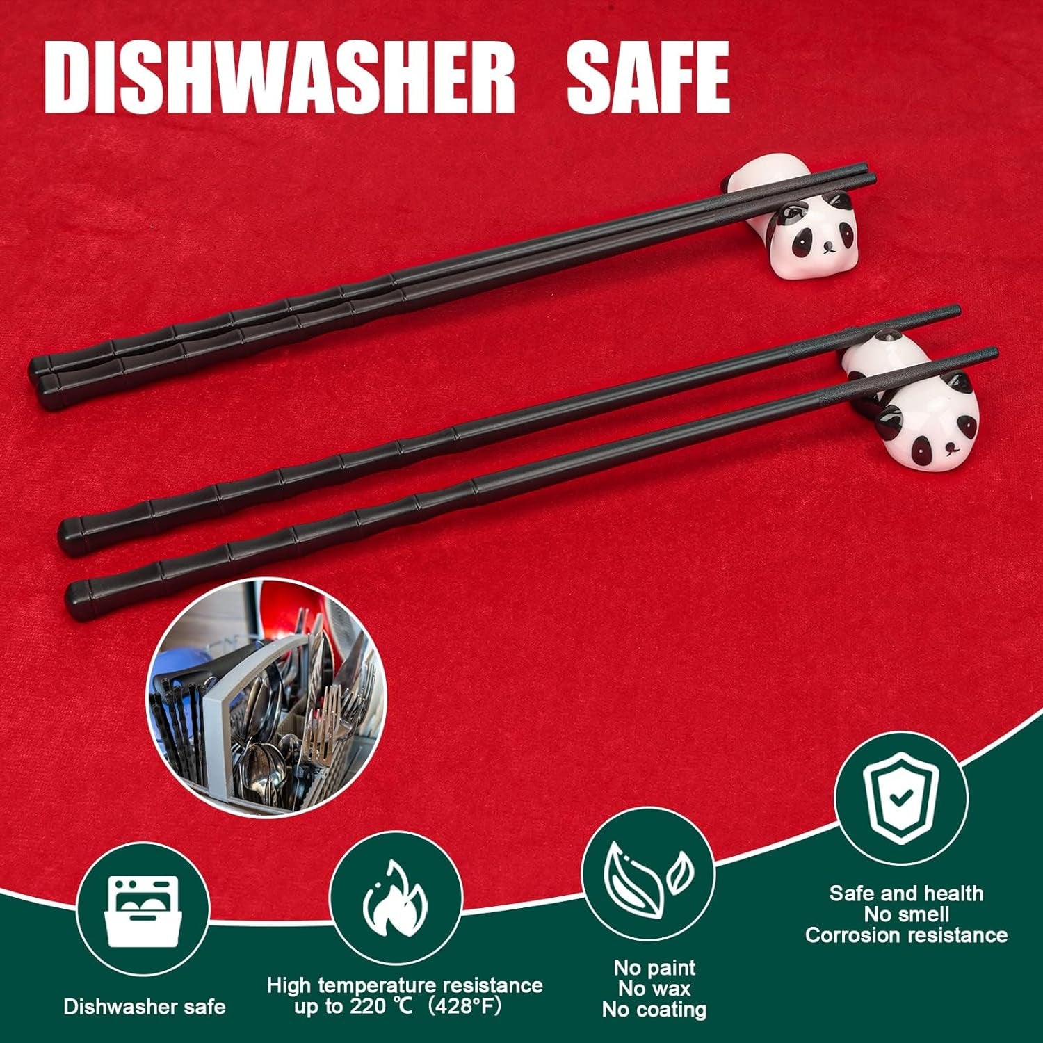 Non-Slip Chopsticks and Chopstick Rest Gift Set, 2 Pairs Reusable Panda Chopsticks with Red Gift Case, Dishwasher Safe Chopsticks with Cute Panda Holders for Thanksgiving Day, Christmas(Black)