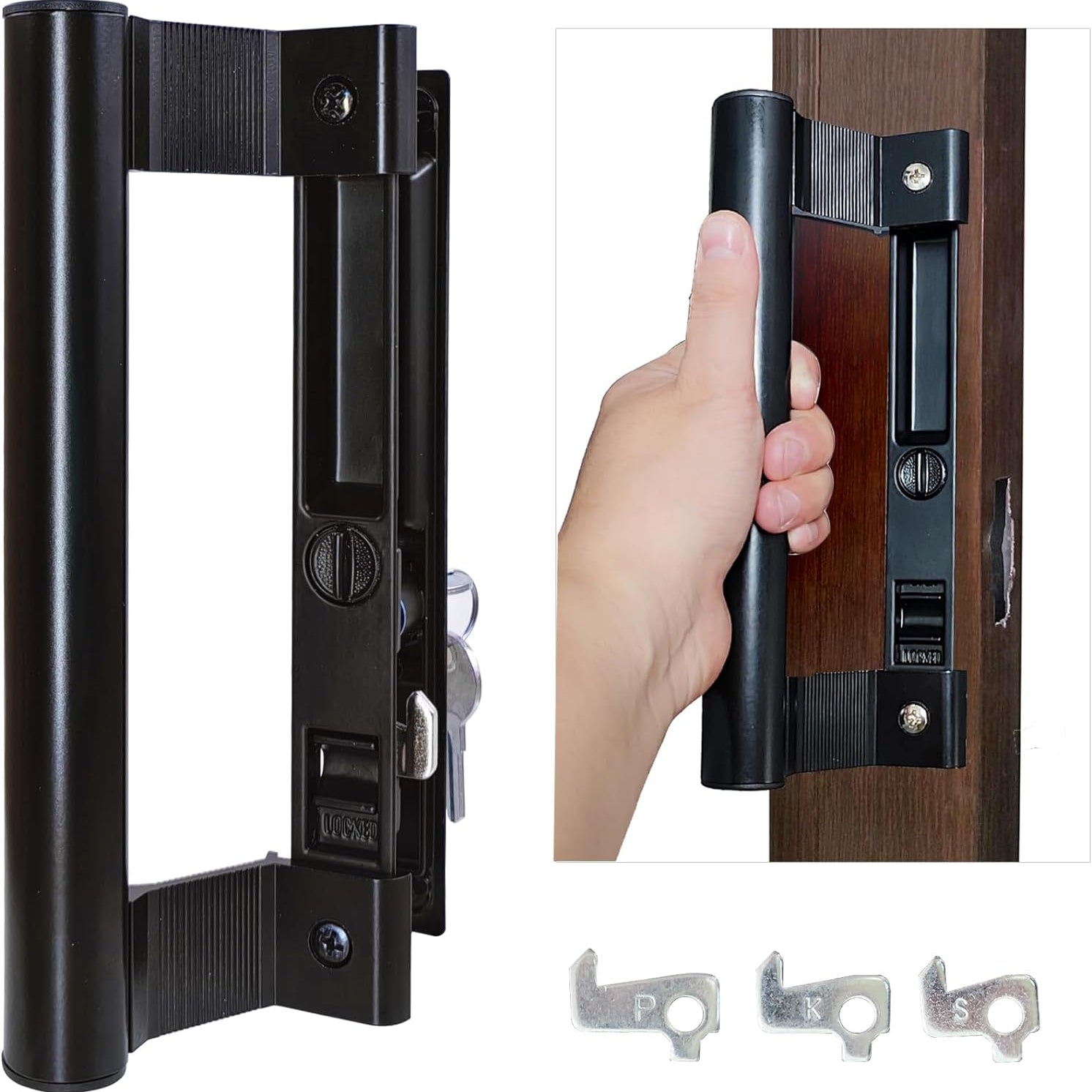 Sliding Glass Door Handle Set with Lock - Easy to Install,Patio Sliding Door Handle Fits for 1 to 1-1/8 Door Thickness,6-5/8" Screw Hole Spacing,Perfectly Replacement for Old Handle(Black)