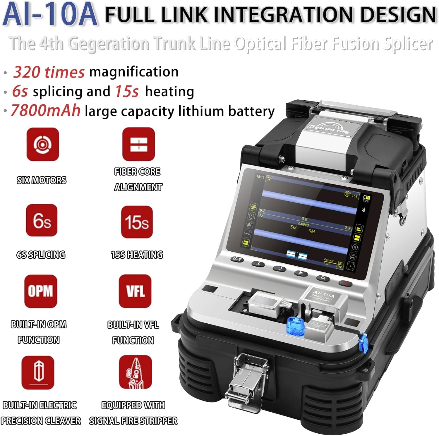 AI-10 Fiber Fusion Splicer Core Alignment Automatic FTTH Fiber Optical Welding Machine 6S Splicing Six Motor 15S Heating Built-In VFL & OPM Function with Highly Integrated Cleaver（7800Mah）