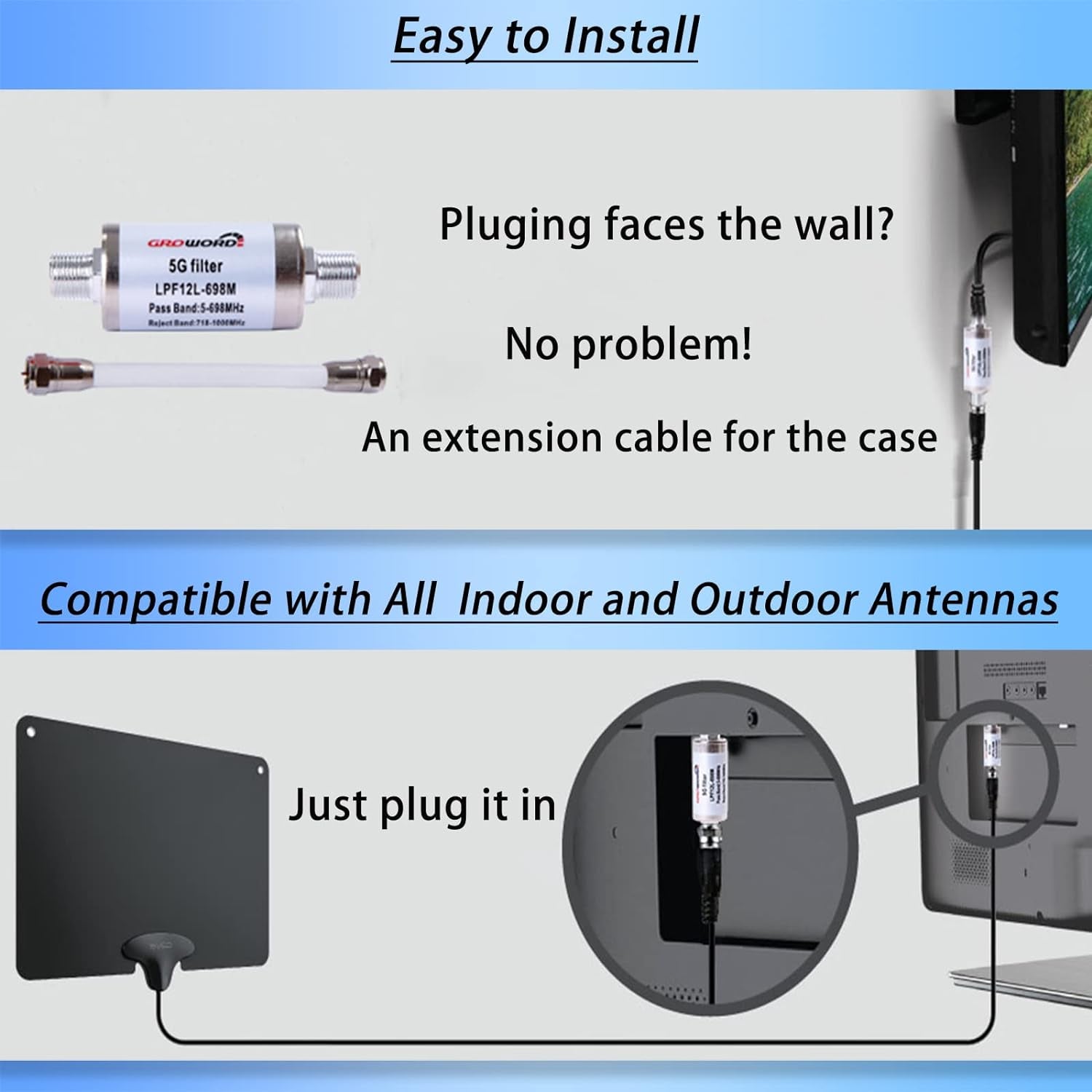 -5G LTE Filter for TV Antenna Signal Purifier-Improve Digital HDTV Antenna and Amplifier Signals-4G/5G Filter Reduce Interference from Cell Phone Towers &Transmitters LPF12L-698M 5G Filter