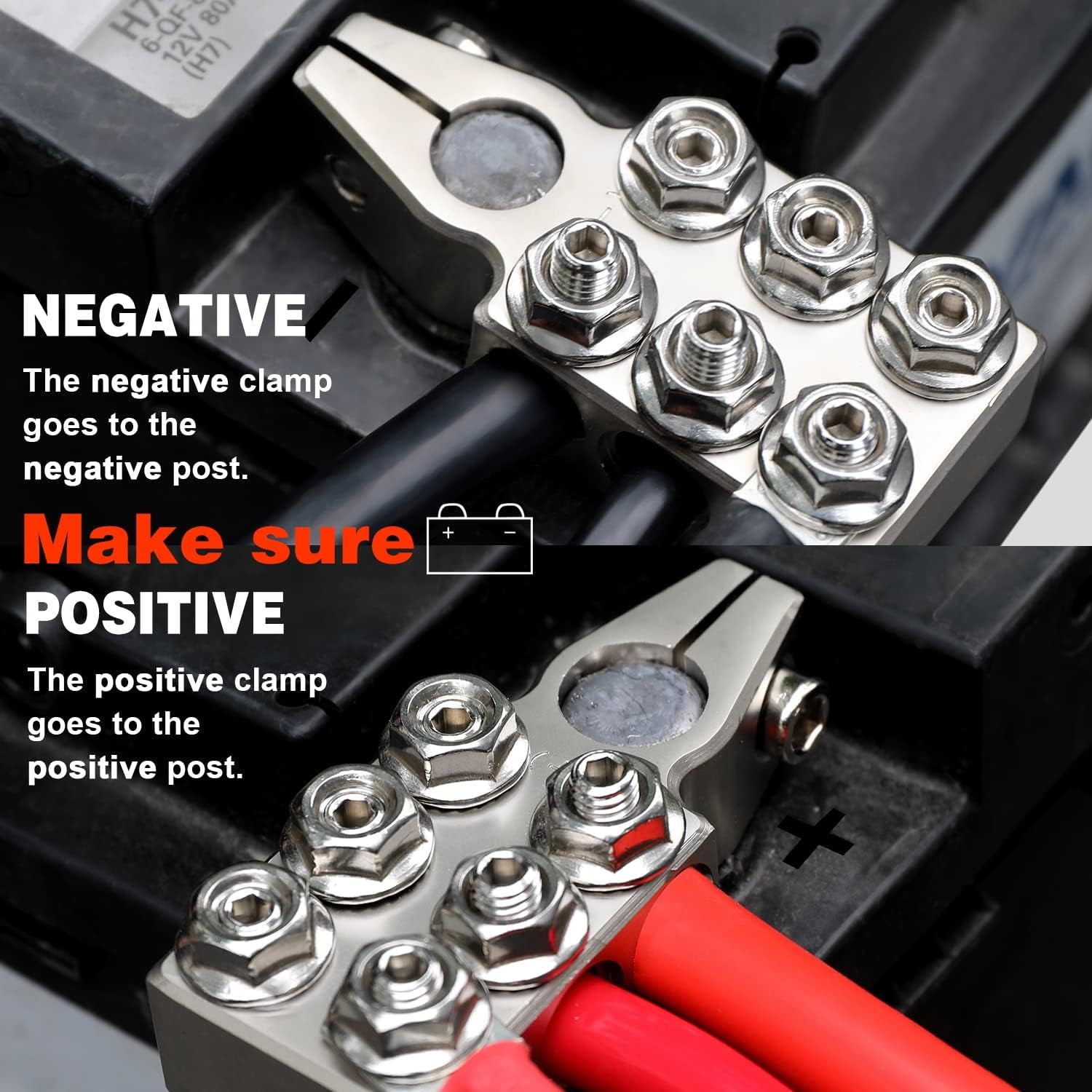 Battery Terminal Connector,12-Way Clamps 8AWG up to 4/0(XL) AWG Gauge, Positive and Negative (+/-)(Pair) for SAE/DIN/EN Tapered Top Post