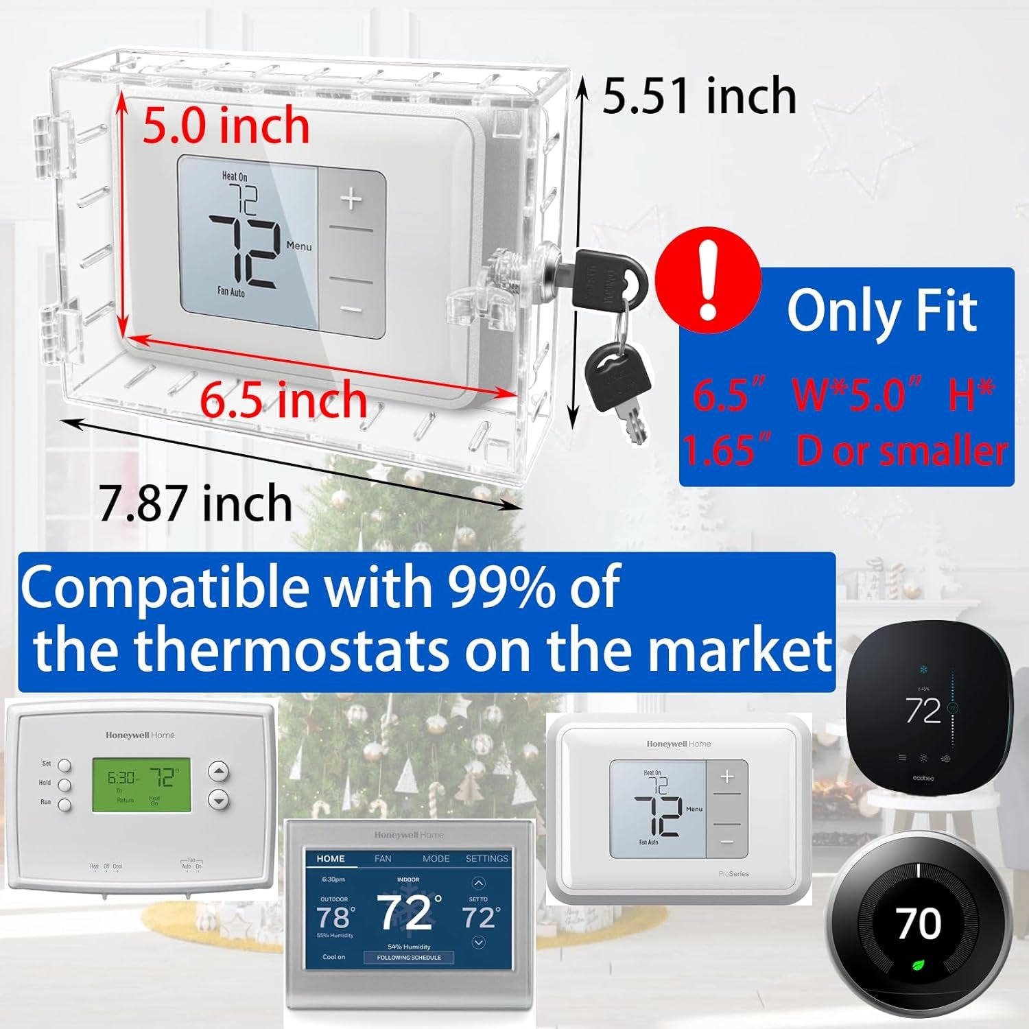 Universal A/C Thermostat Lock Box with Key for Goole Nest and Honeywell Home Thermostats, Clear Thermostat Guard, Wall Thermostat Cover for 6.5 "H X 4.72 "W X 1.65 "D or Smaller