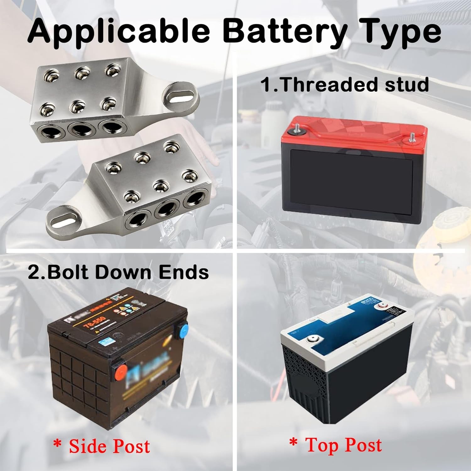 Post Battery Terminals 8 AWG up to 4/0 AWG Gauge, 6-Way Connectors for Lithium or AGM Lead Acid Battery with Bolt, M10 or 3/8”-16