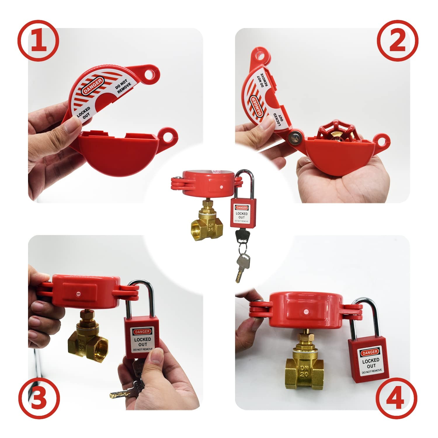Gate Valve Lockout and Safety Padlock, 1Set, Hose Bib Lock for Outdoor Faucet Knob/Water Spigot/Propane Tank, 1 to 2-1/2 in Dia Valve Handles, Plastic Red Secure Lock Device for outside Garden Valve
