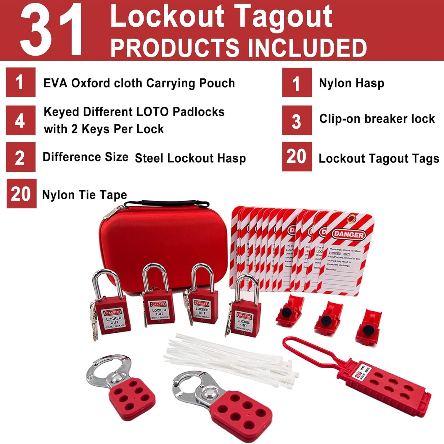 Lockout Tagout Kit Electrical Loto - Group Lockout Hasps, Lockout Tags, Safety Padlocks with Number, Nylon Ties with Pocket Bag(Red Kit)