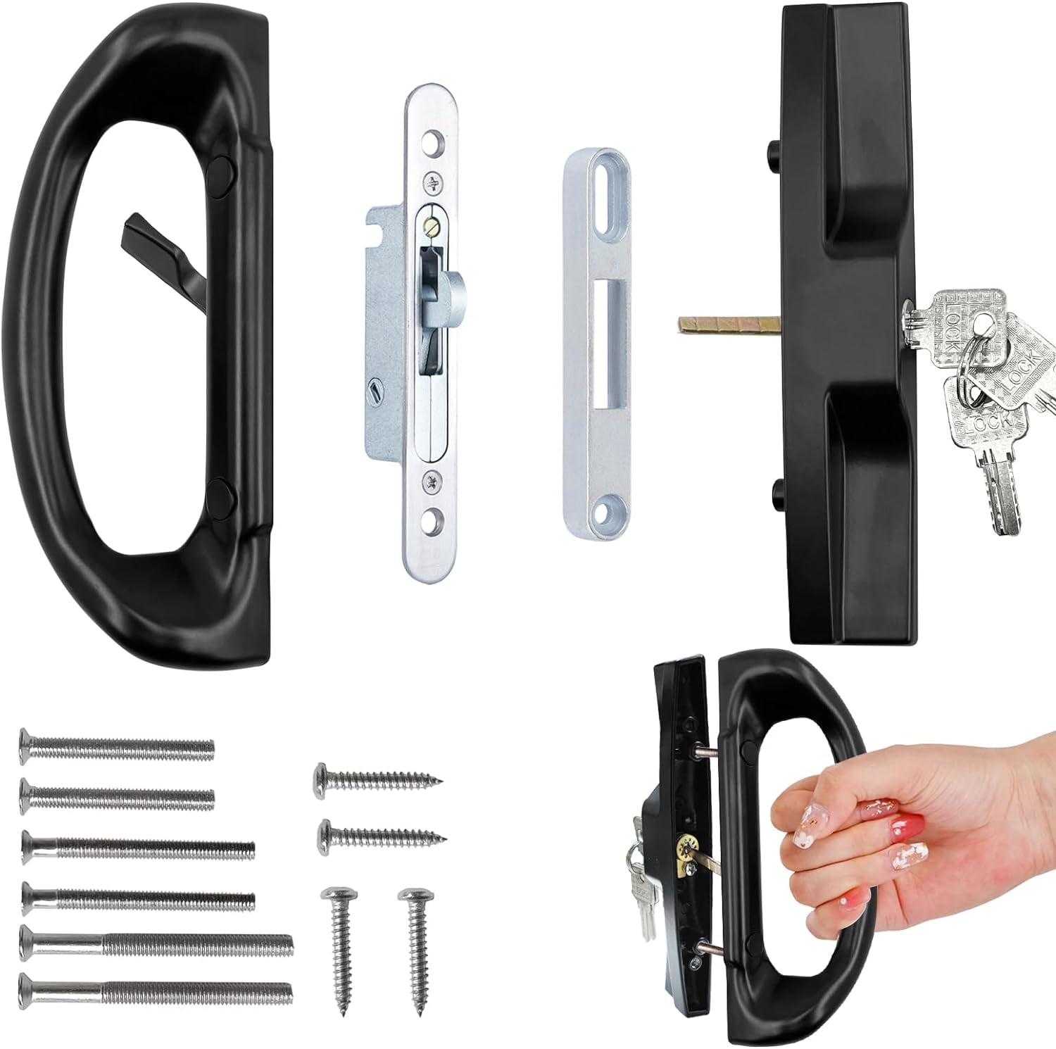 Patio Sliding Door Handle Set with Mortise Lock, Perfect Replacement Sliding Door Handle with Key Lock Fits Patio Doors Thickness 1-1/2" to 1-3/4", 3-15/16" Hole Spacing, Reversible Design（Black)