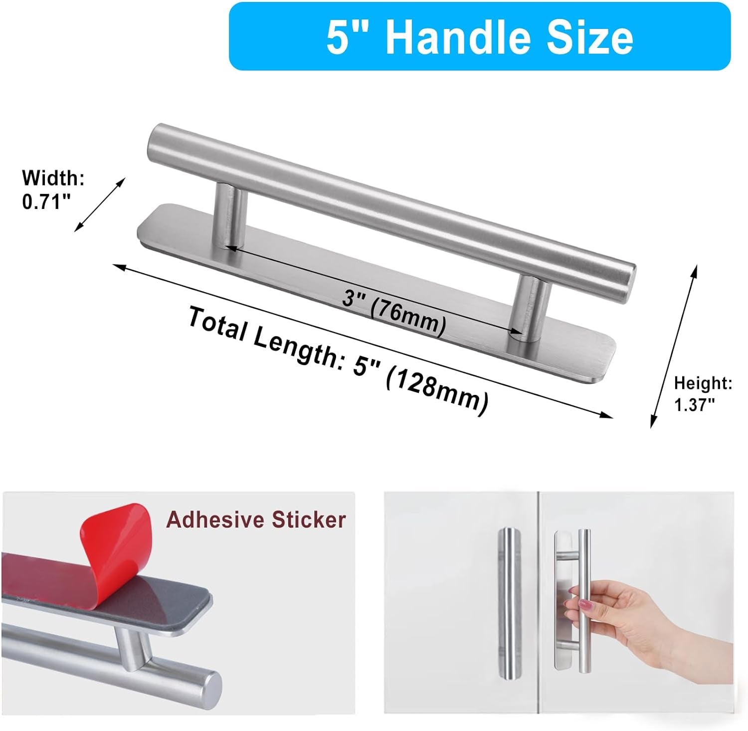 Self-Stick Instant Cabinet Drawer Handles Pulls - 5" Stainless Steel Adhesive Door Handles, No Drilling Design, Stick on Handle for Cabinets Drawer Door Window Wardrobe Handle - 2Pcak