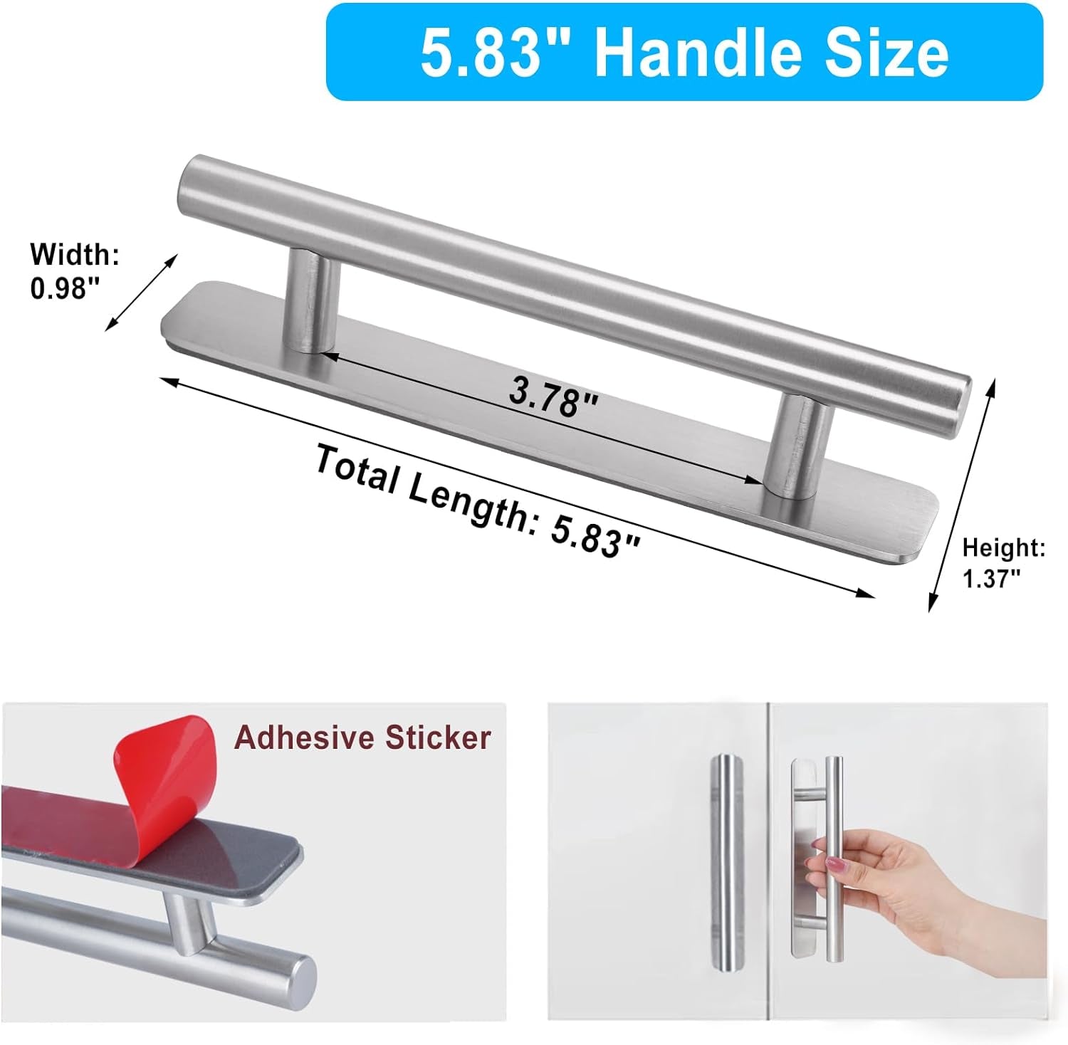 Self-Stick Instant Cabinet Drawer Pulls - 6" Stainless Steel Drawer Push Pull Handles Helper with Adhesive Door Handle for Kitchen Cabinet Drawer Window Sliding Closet (2Pack, Silver)