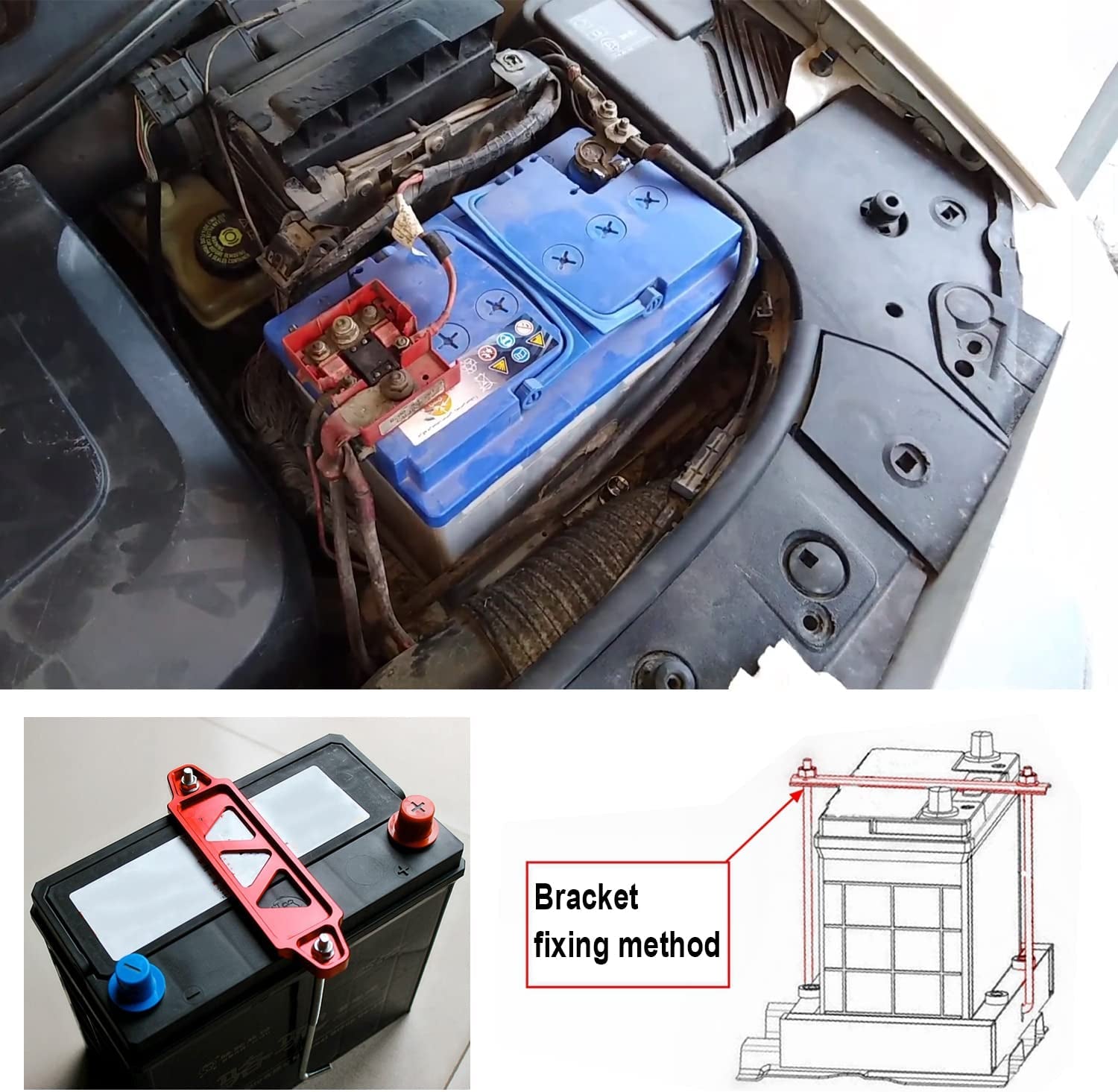 Battery Hold down Bracket, Aluminum Alloy Battery Tie down Bracket, Battery Tray for Car Battery Mount Bracket Hold Lock Accessories, Car Battery Lock Down- with 10In J Bolts (Red)