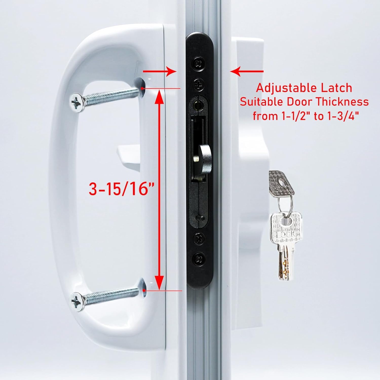 Patio Sliding Door Handle Set with Mortise Lock, Perfect Replacement Sliding Door Handle with Key Lock Fits Patio Doors Thickness 1-1/2" to 1-3/4", 3-15/16" Screw Hole Spacing, Reversible Design