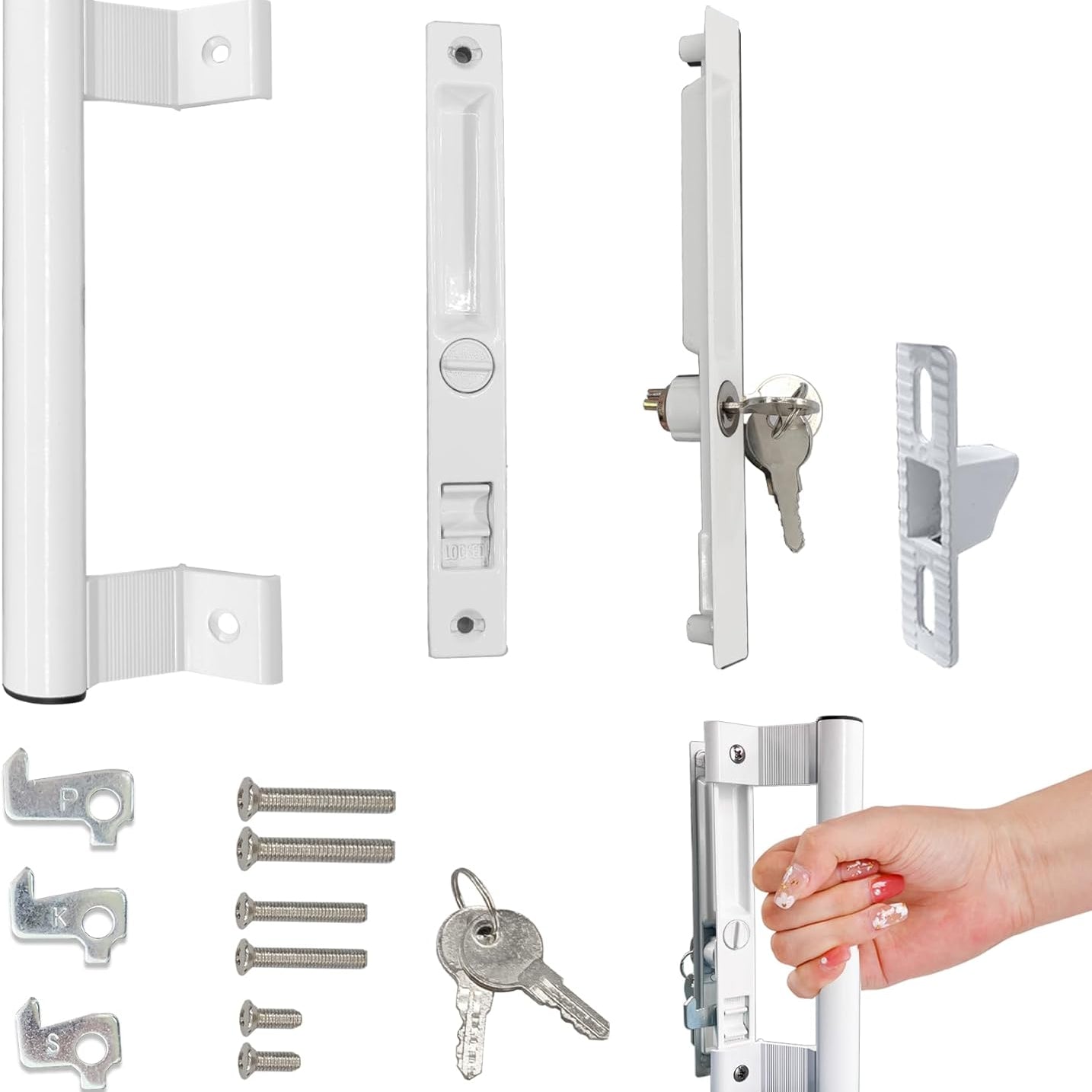 Sliding Glass Door Handle Set with Lock - Easy to Install,Patio Sliding Door Handle Fits for 1 to 1-1/8 Door Thickness,6-5/8" Screw Hole Spacing,Perfectly Replacement for Old Handle(White)