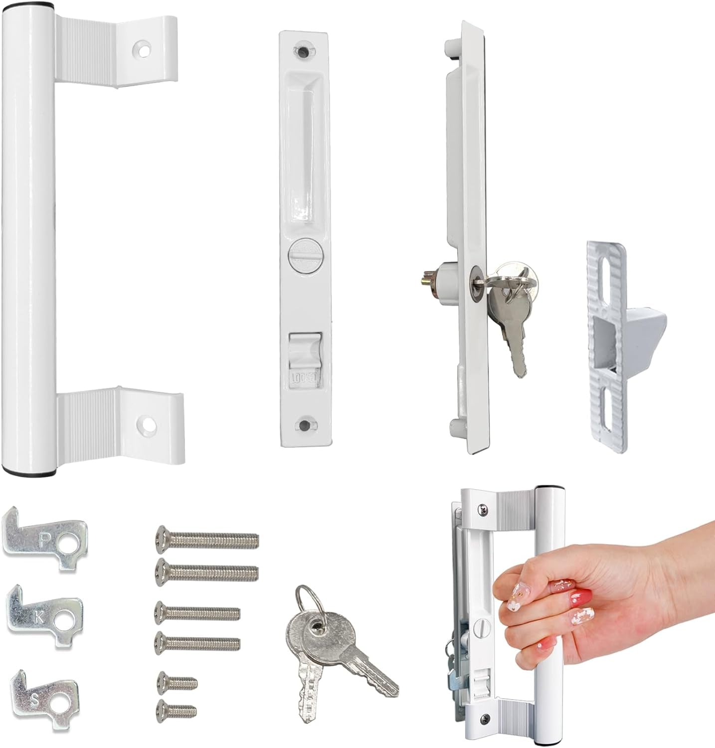 Sliding Glass Door Handle Set with Lock - Easy to Install,Patio Sliding Door Handle Fits for 1 to 1-1/8 Door Thickness,6-5/8" Screw Hole Spacing,Perfectly Replacement for Old Handle(White)