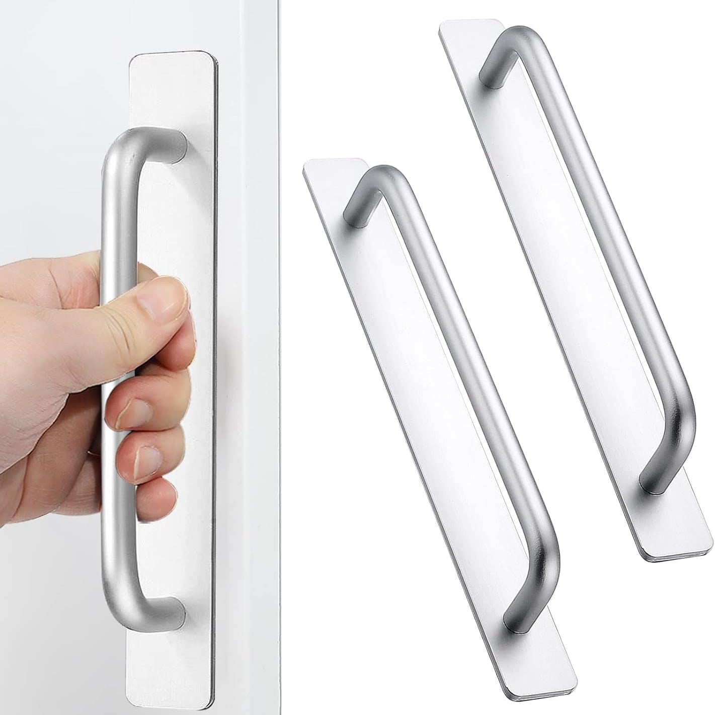 Self-Stick Instant Cabinet Drawer Handles Pulls - 2Pcs Aluminum Alloy Drawer Push Pull Handles Helper with Adhesive Door Handle for Kitchen Cabinet Drawer Window Sliding Closet (8.35", Silver)