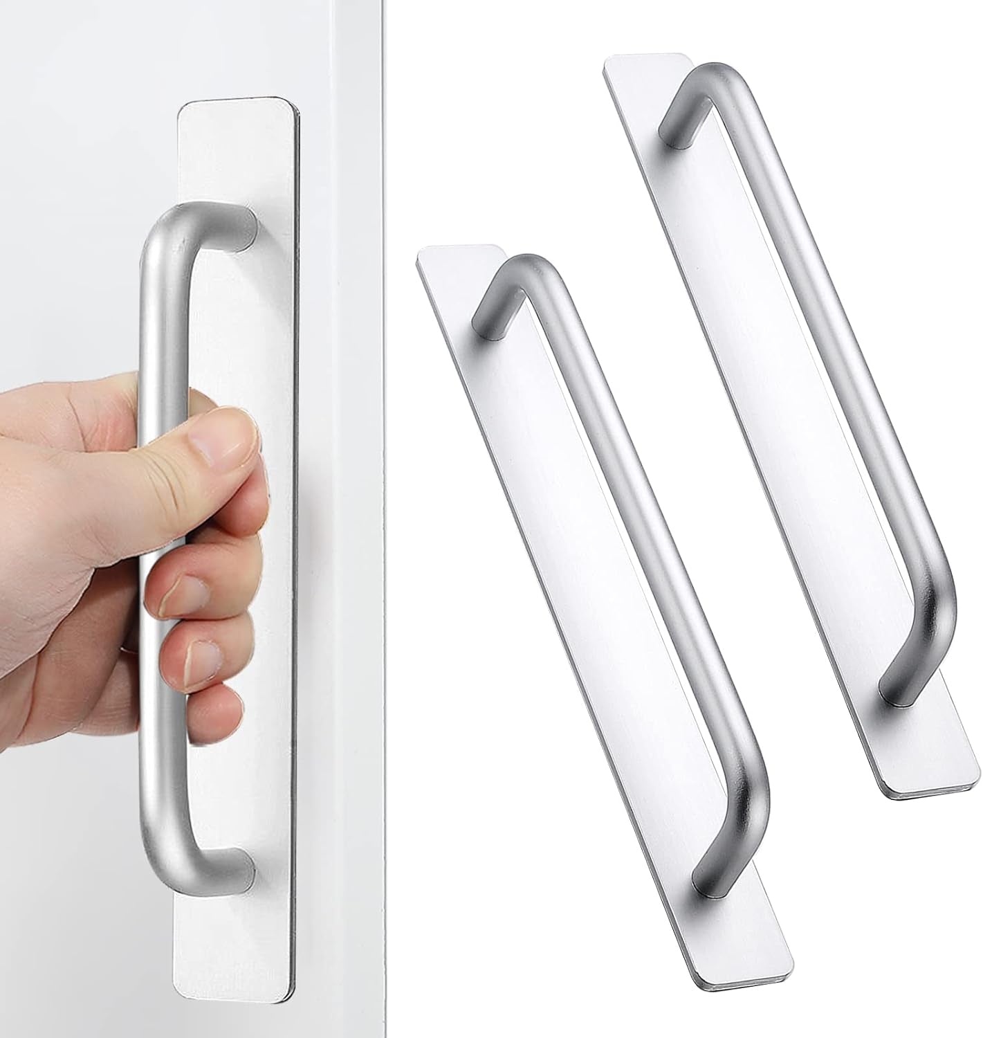 Self-Stick Instant Cabinet Drawer Handles Pulls - 2Pcs Aluminum Alloy Drawer Push Pull Handles Helper with Adhesive Door Handle for Kitchen Cabinet Drawer Window Sliding Closet (8.35", Silver)