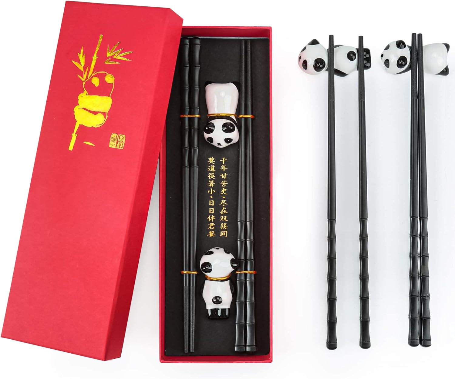Non-Slip Chopsticks and Chopstick Rest Gift Set, 2 Pairs Reusable Panda Chopsticks with Red Gift Case, Dishwasher Safe Chopsticks with Cute Panda Holders for Thanksgiving Day, Christmas(Black)