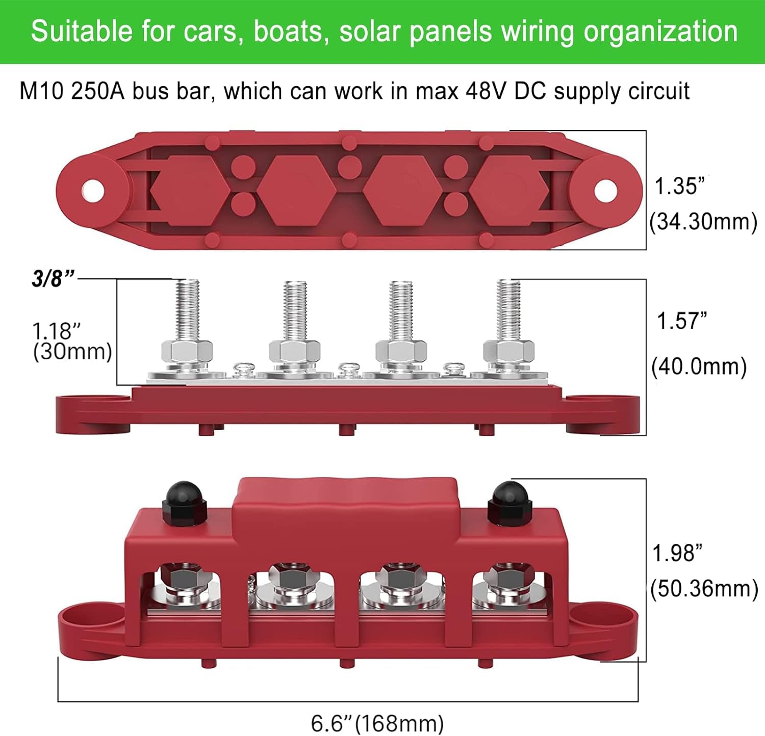 250A 12V Busbar 3/8" Power Distribution Block 4 Studs Junction Block Automotive Marine Battery Busbar Terminal Block with Cover 12 Volt Negative&Positive