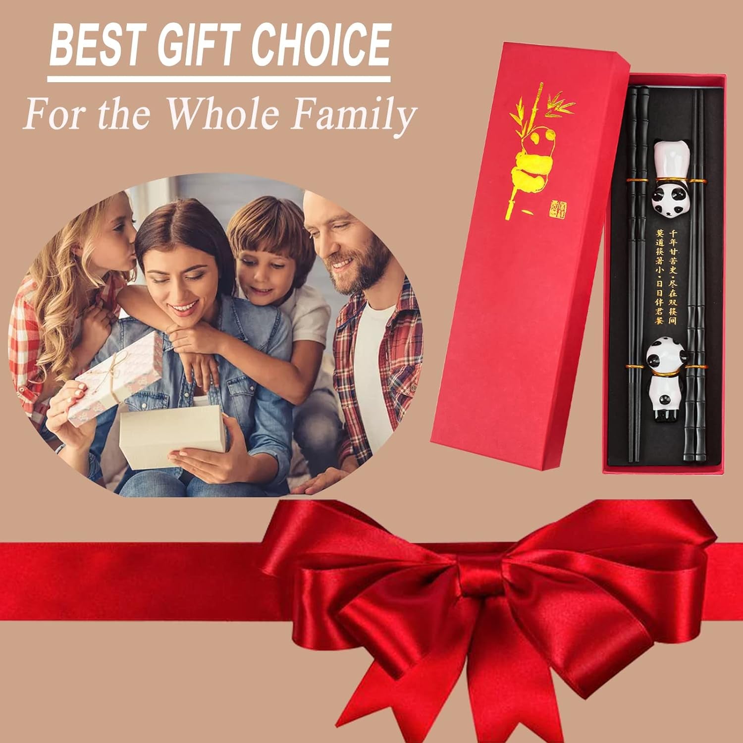 Non-Slip Chopsticks and Chopstick Rest Gift Set, 2 Pairs Reusable Panda Chopsticks with Red Gift Case, Dishwasher Safe Chopsticks with Cute Panda Holders for Thanksgiving Day, Christmas(Black)
