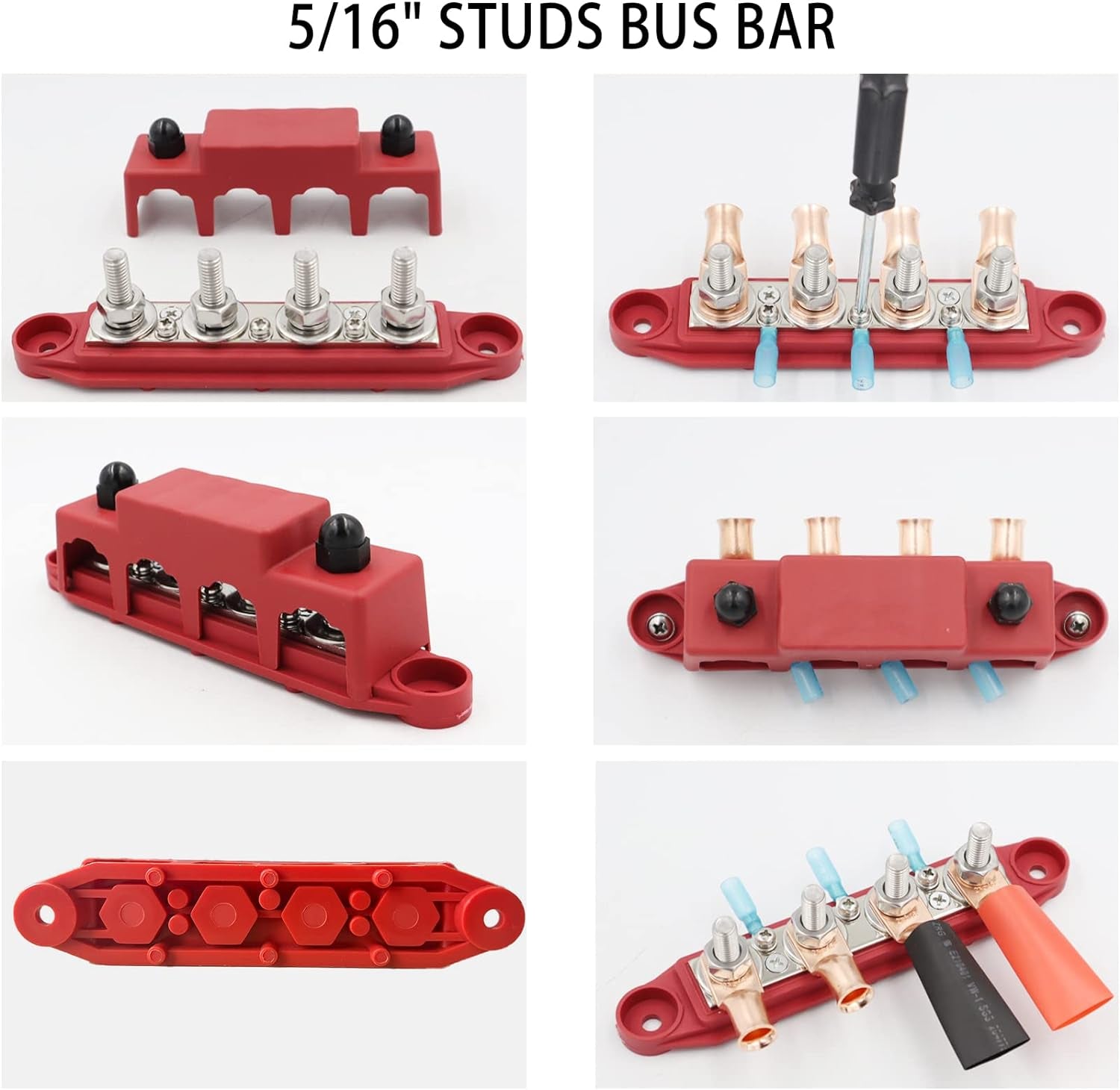 Universal 4 Post 5/16" Power Distribution Block, (M8) Marine Busbar, 250 Amp Rating, 12V Bus Bar Terminal Block for Marine, Automotive and Solar Wiring(1 Set，With Protective Cover)